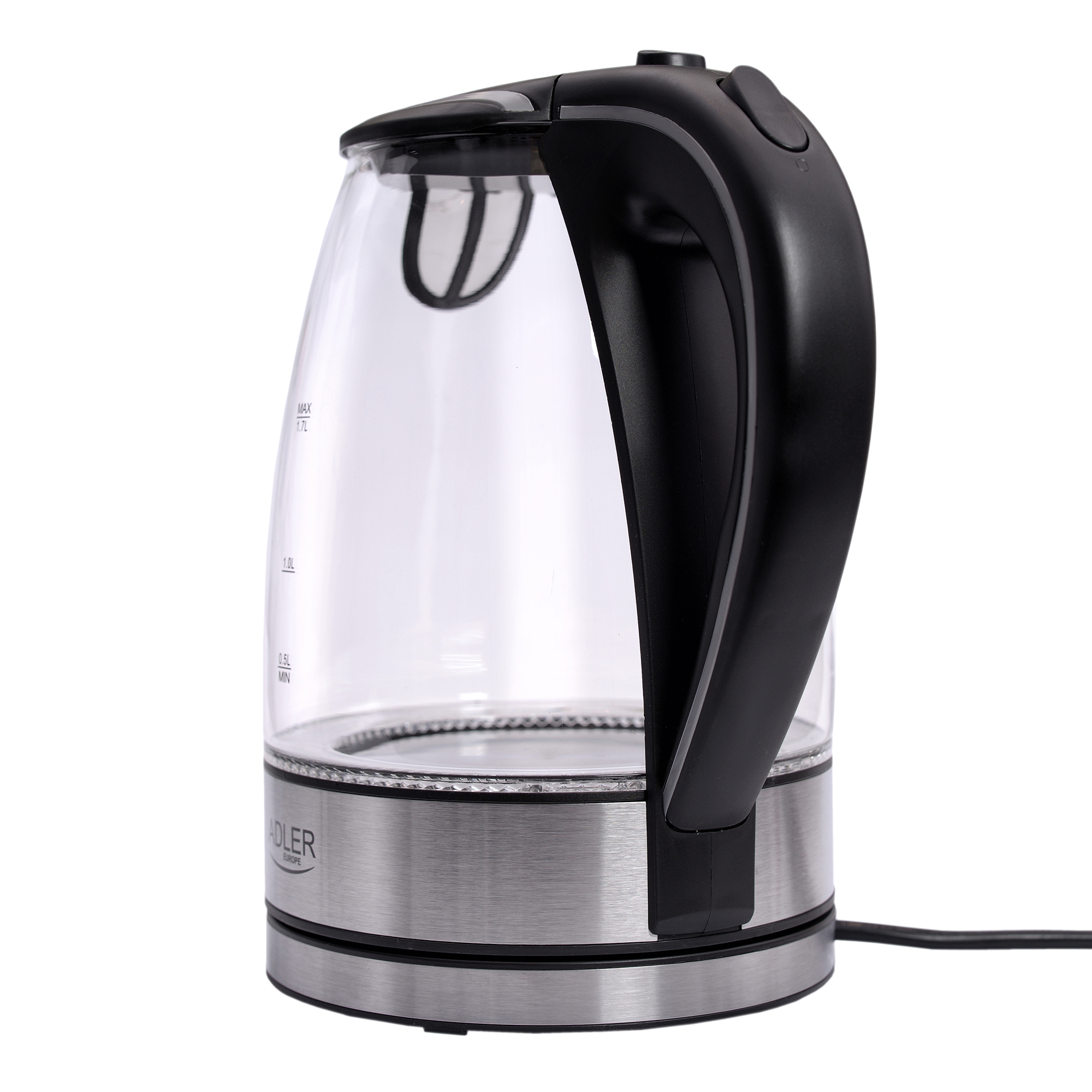 Czajnik elektryczny z przezroczystym szklanym korpusem, czarnym uchwytem i srebrną podstawą.