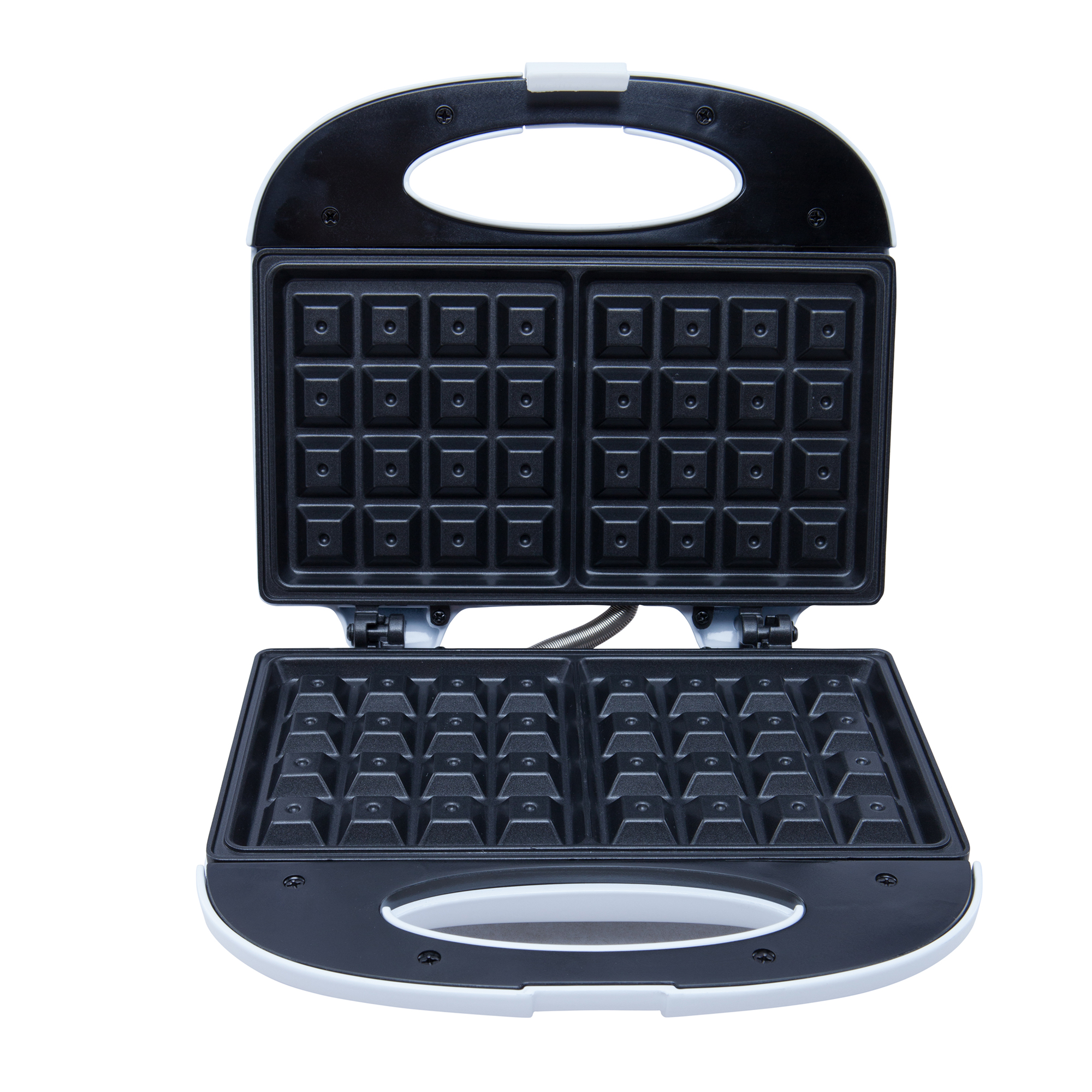 Otwarta gofrownica, czarna w środku, biała na zewnątrz. Kwadratowy wzór.