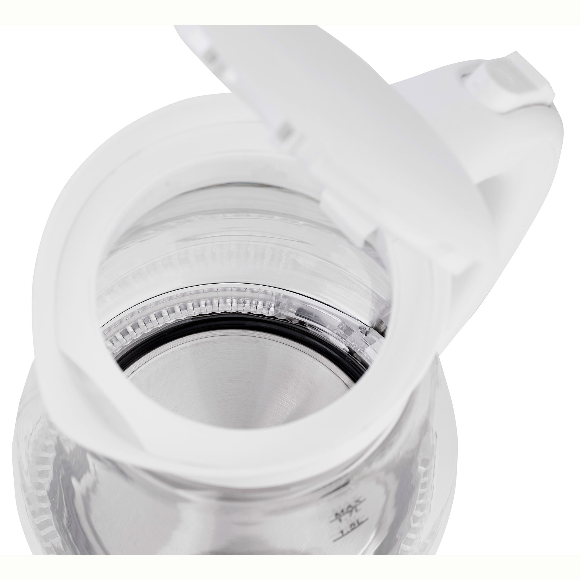 Przezroczysty czajnik elektryczny, otwarty u góry. Wnętrze pokazuje element grzejny i oznaczenia poziomu wody.