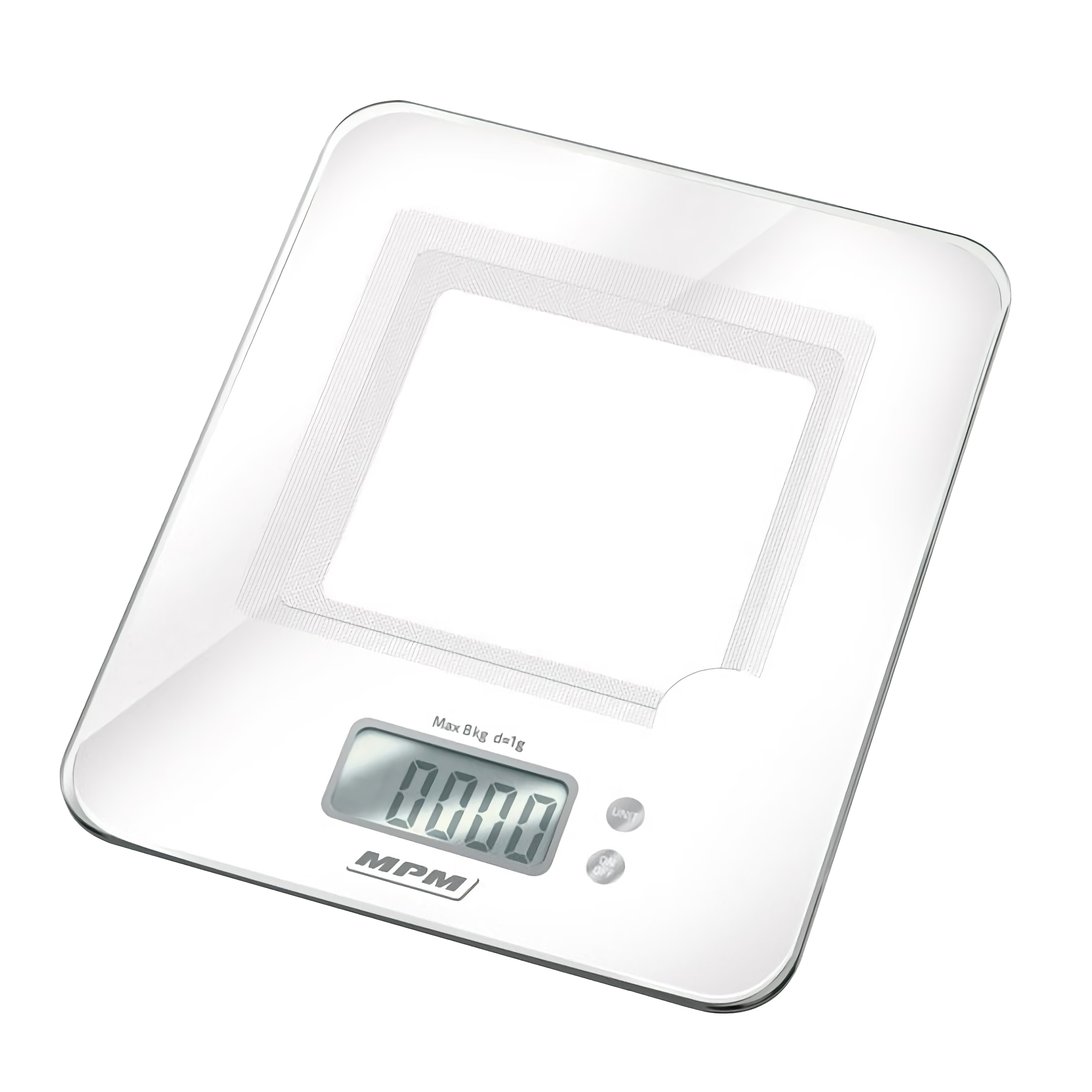 Balanza de cocina - MWK-03, Báscula de Cocina Digital Extraplana, Medición 1gr, Hasta 8 kg, LCD, Función Tara, Vidrio Te MPM, Blanco