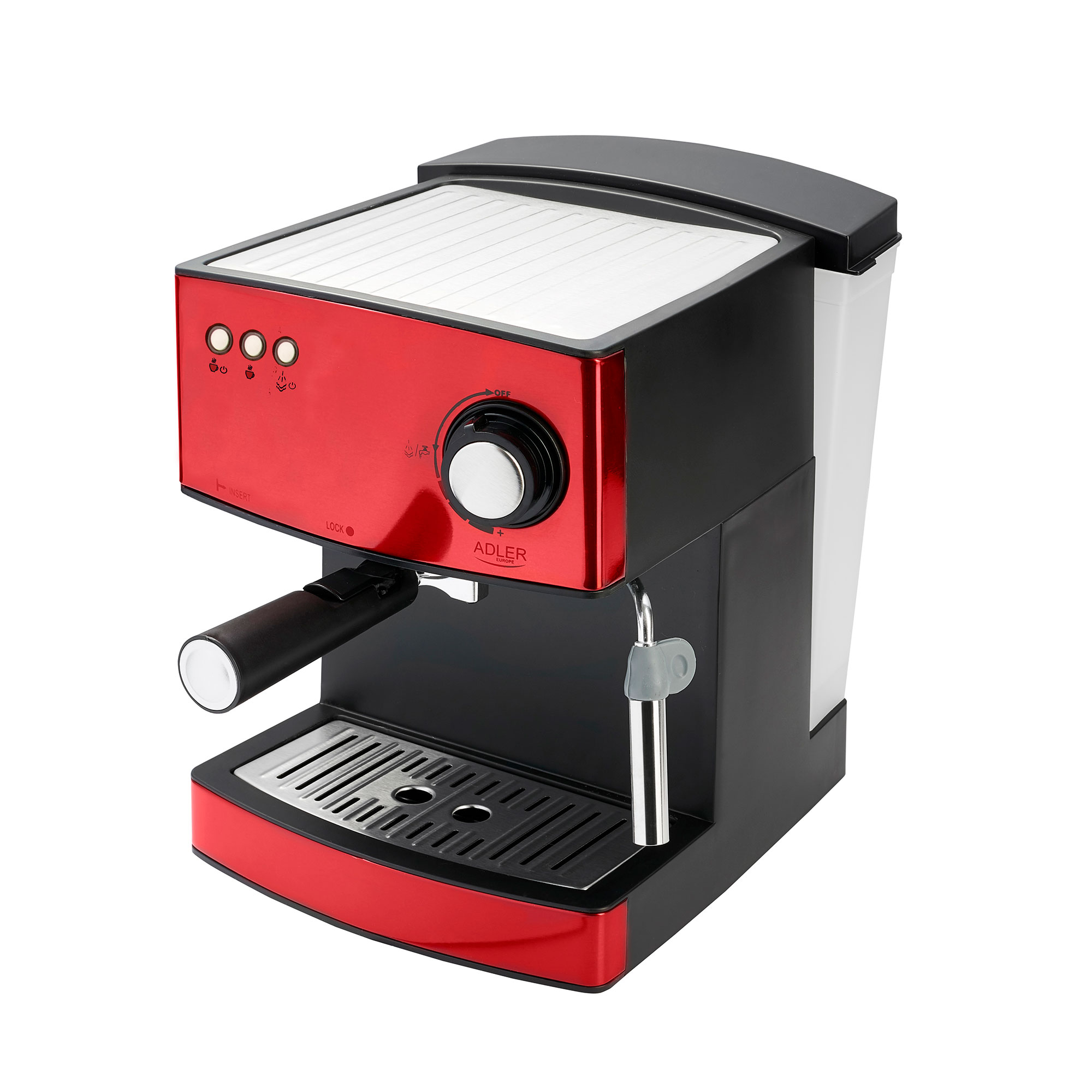 Eine rot-schwarze Espressomaschine. Weißer Hintergrund.