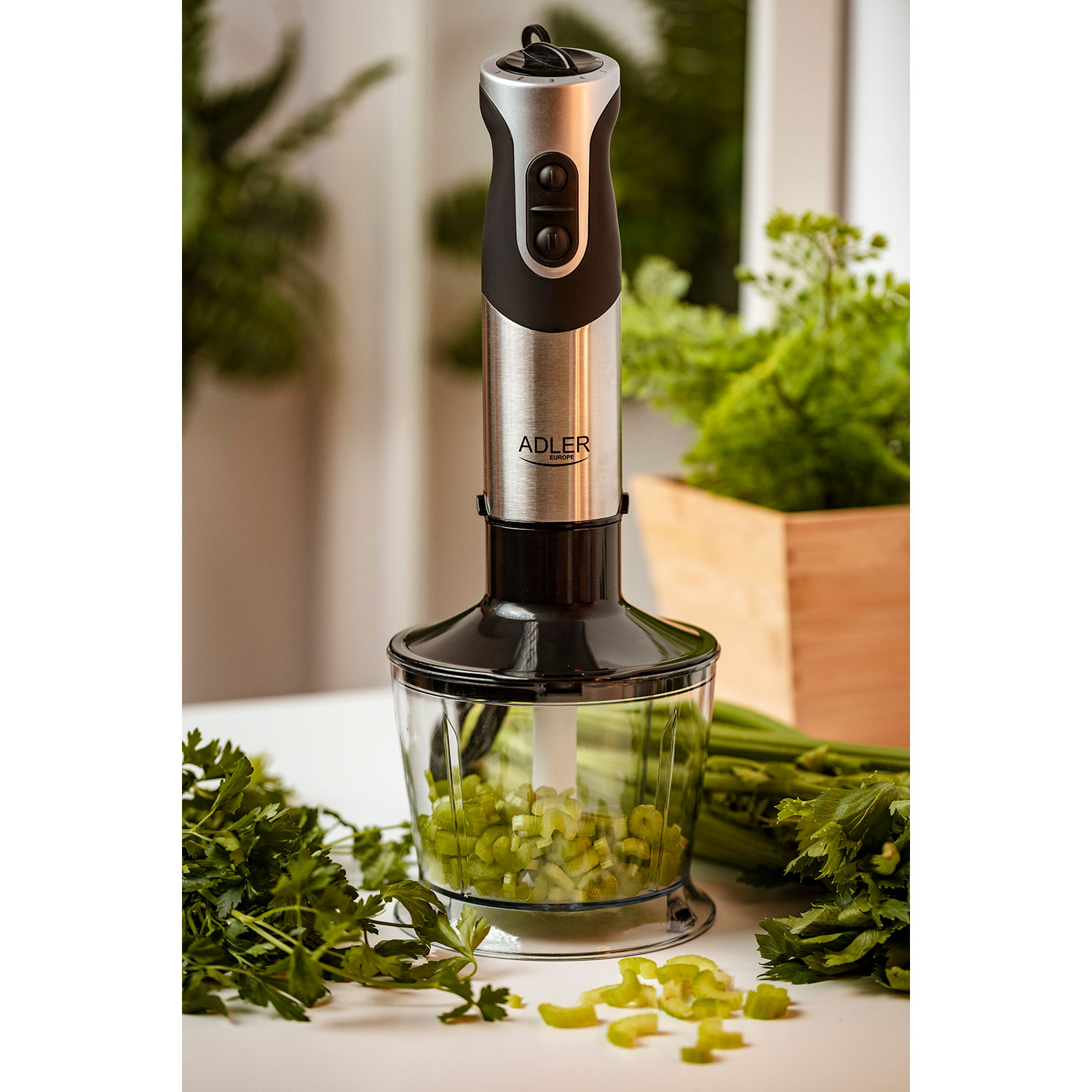 Handmixer mit Glasbehälter mit gehacktem Sellerie. Petersilie und Sellerie umgeben.
