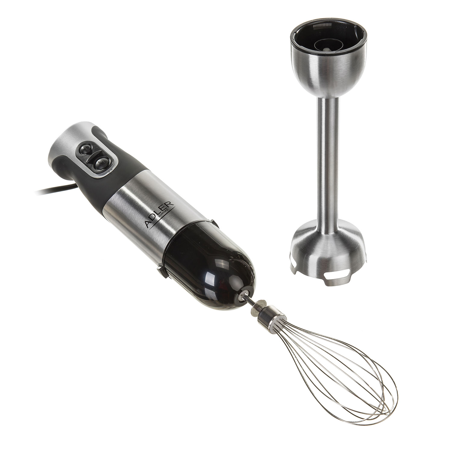 Stabmixer mit Schneebesenaufsatz, mit silbernem und schwarzem Finish.