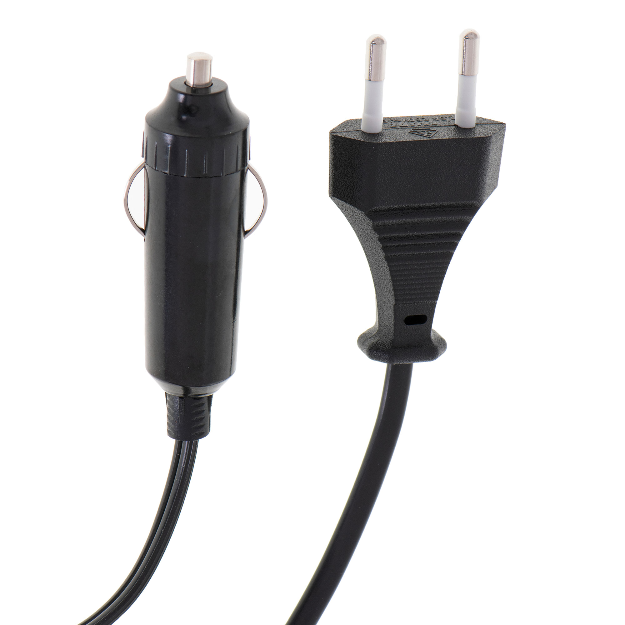 Czarna ładowarka samochodowa i wtyczka z czarnym przewodem. Wtyczka ma dwa bolce.