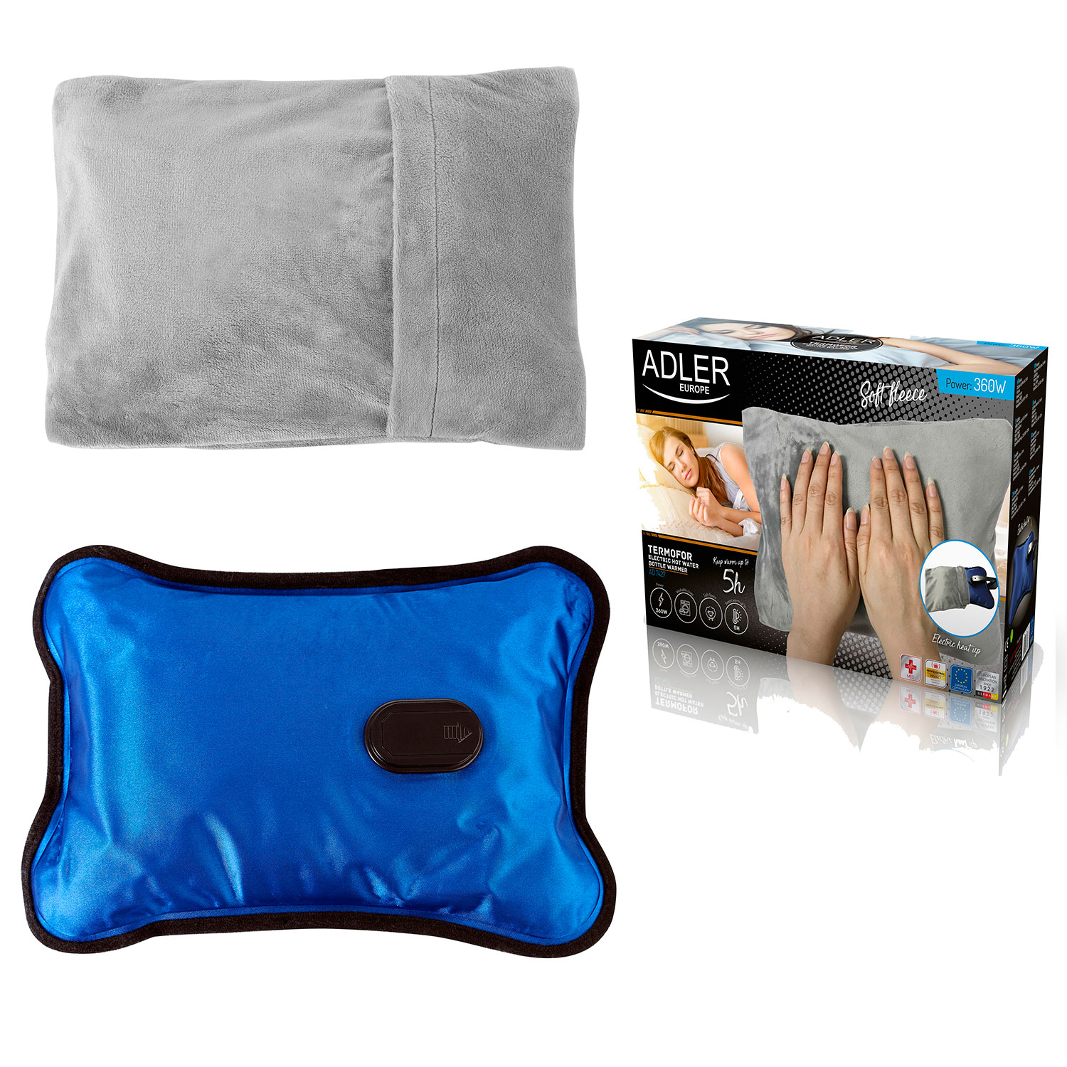 Juego de almohadillas térmicas. Se muestran almohadillas grises y azules, también una caja con una mujer en la cama.