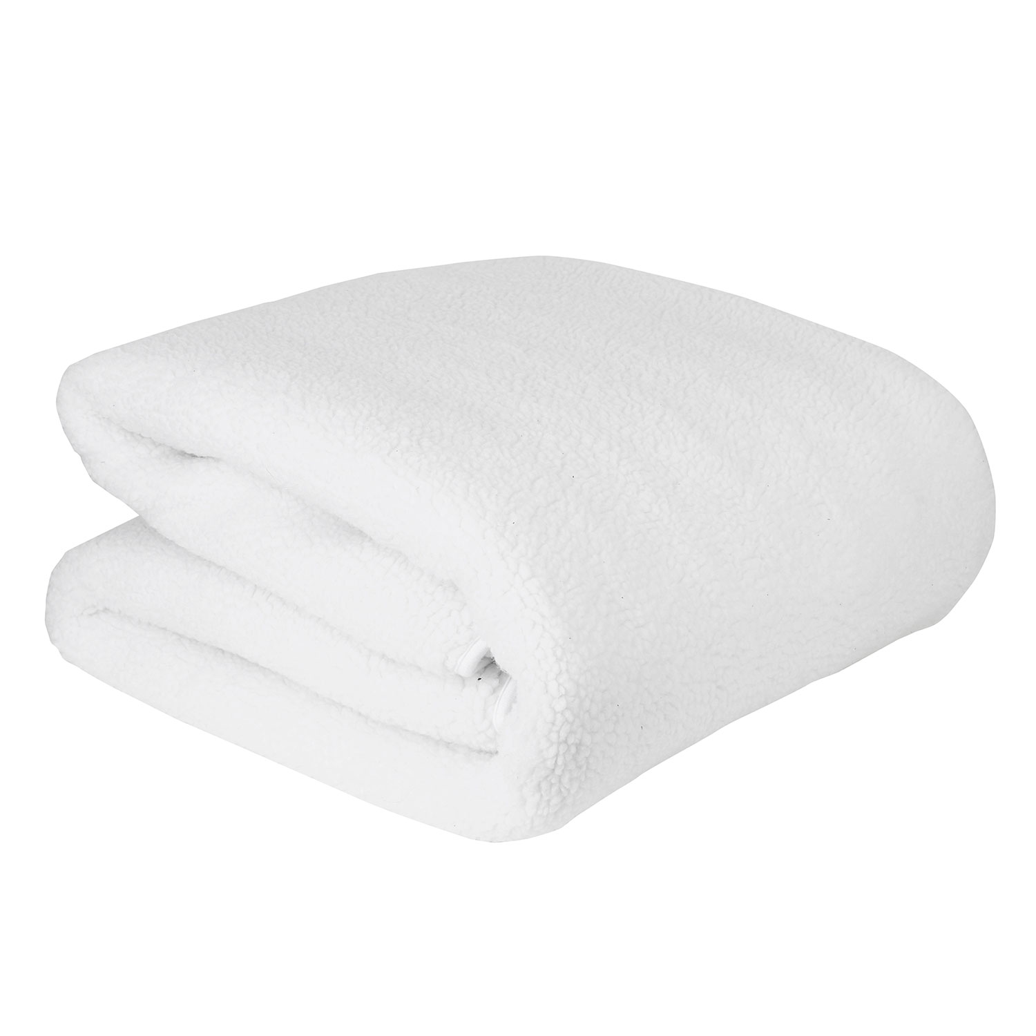 Eine gefaltete, weiße Decke. Die Decke ist flauschig und aus Fleece.