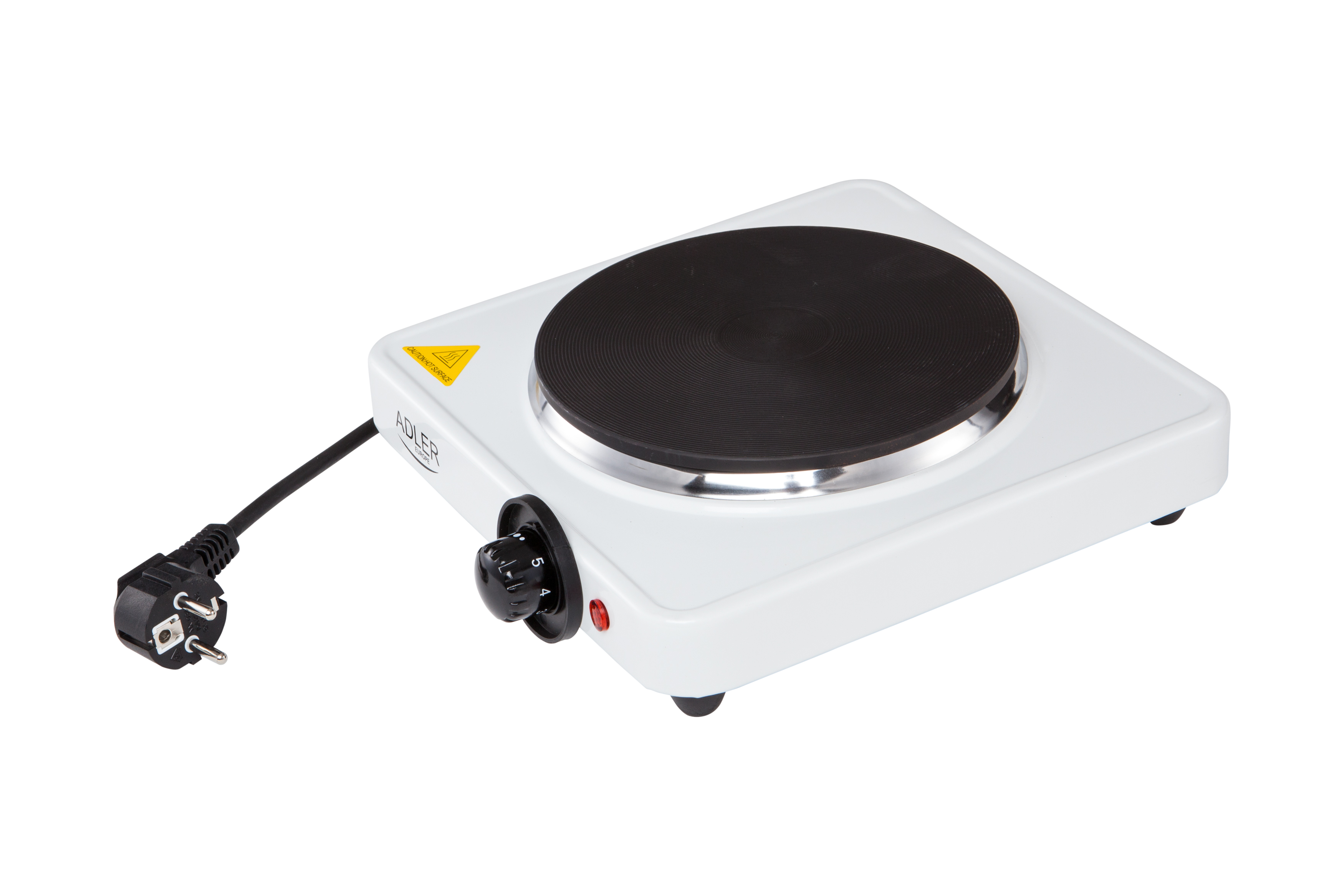 Biała elektryczna płyta grzejna z czarną powierzchnią grzewczą. Posiada przewód zasilający i pokrętło sterowania.