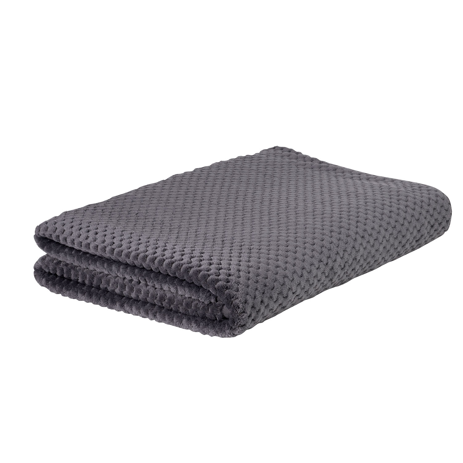 Coperta grigia piegata con superficie strutturata e irregolare, su una superficie bianca.