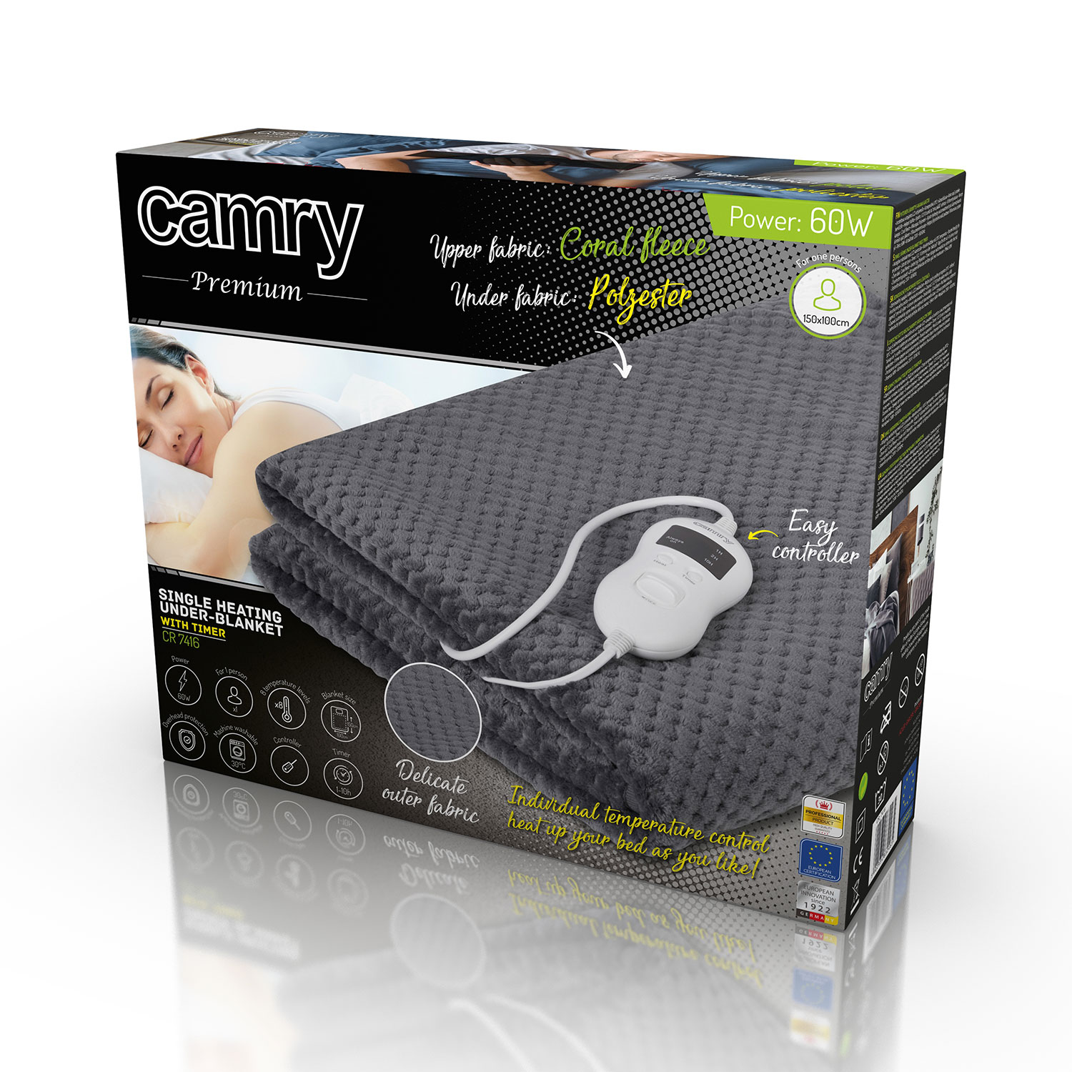 Scatola della coperta riscaldante Camry. Una donna dorme su un letto con la coperta.