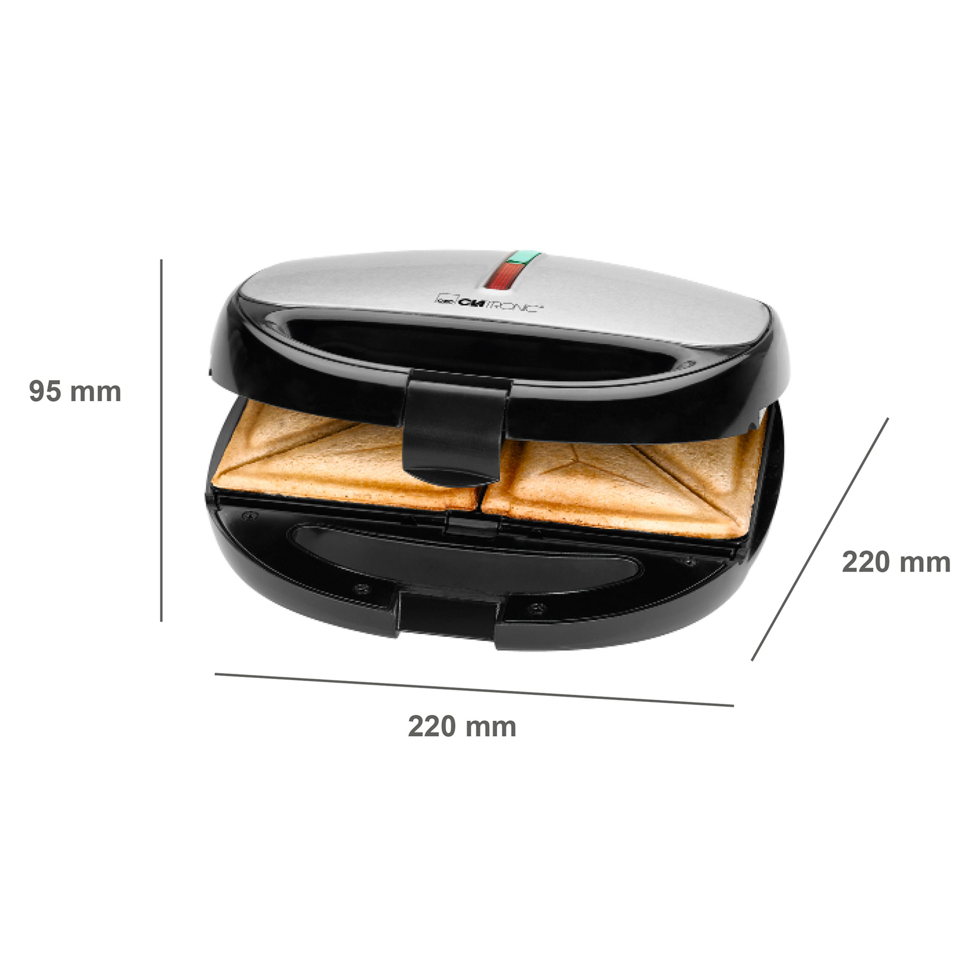 Toster do kanapek z wymiarami i dwoma tostowanymi kanapkami.