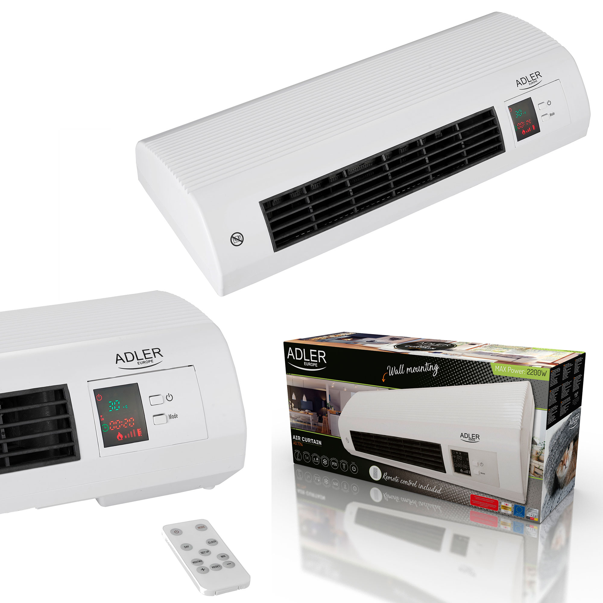 Białe nagrzewnice kurtynowe ADLER. Produkt w pudełku, pilot zdalnego sterowania. Różne kąty pokazujące konstrukcję.