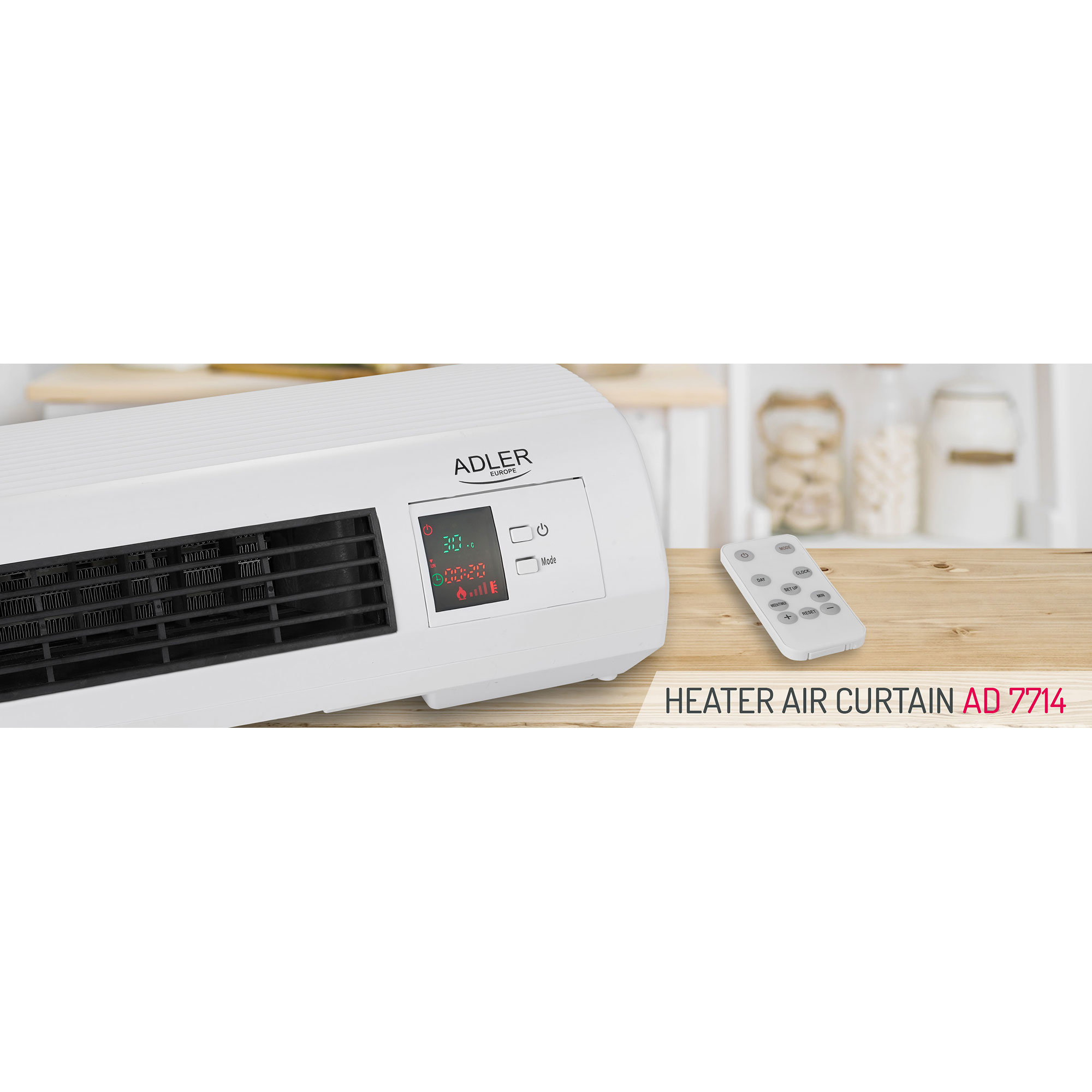 Biały grzejnik z pilotem. Grzejnik wyświetla czerwony odczyt cyfrowy. Tekst brzmi 'HEATER AIR CURTAIN'.