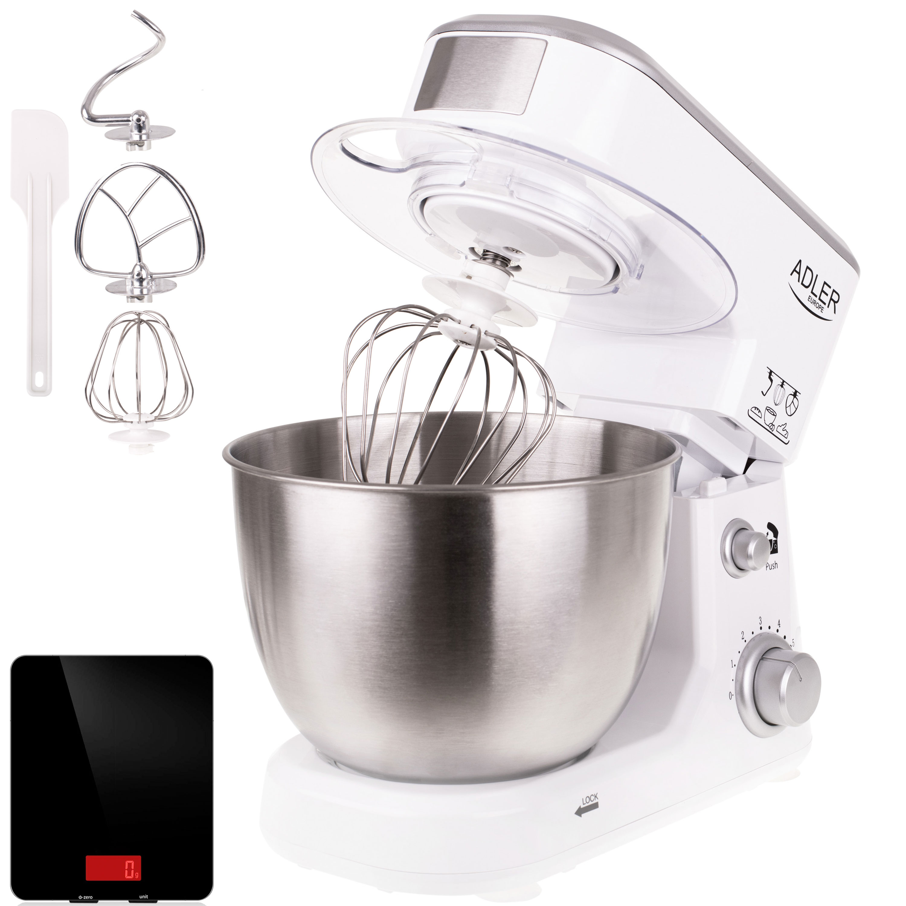 Weißer Küchenmixer mit Aufsätzen, Messwaage und Zubehör.