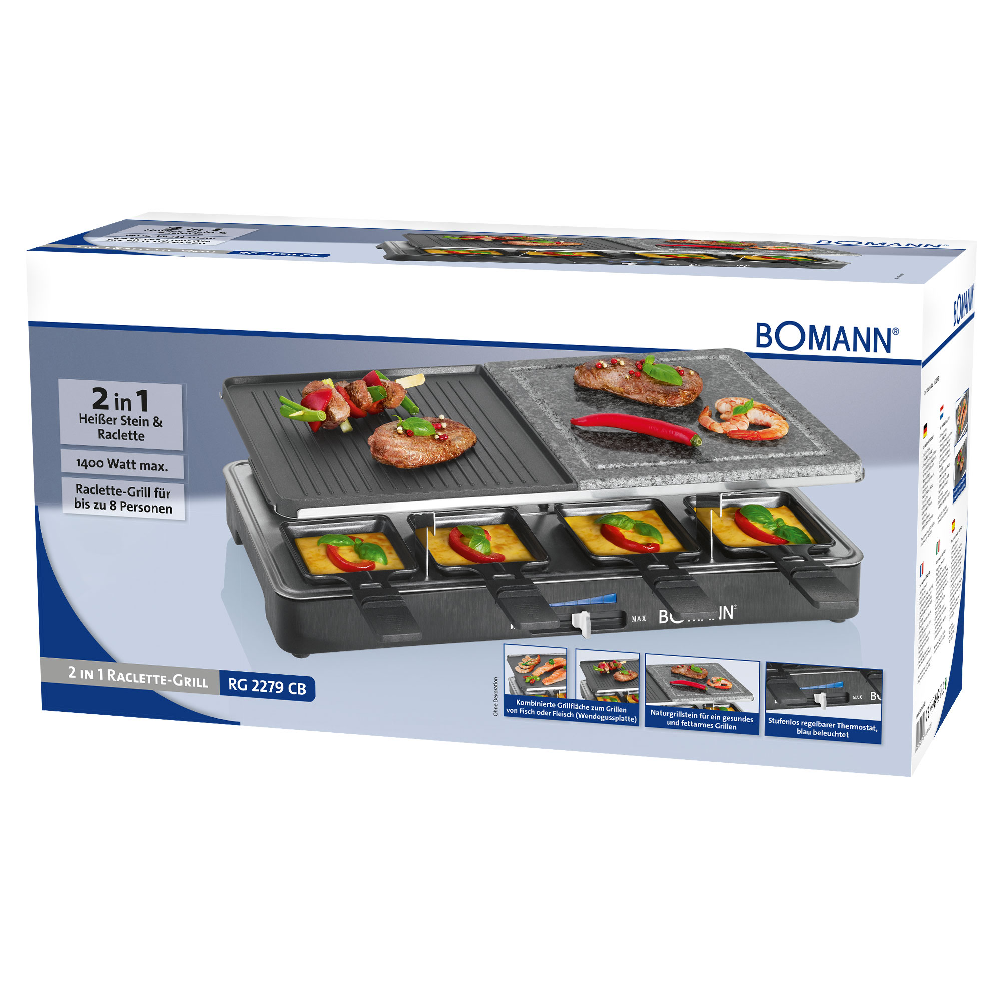 Grill raclette w pudełku z akcesoriami. Pokazuje jedzenie gotujące się na grillu. Pudełko pokazuje grill.