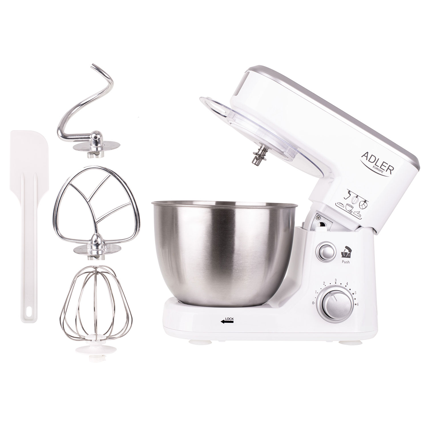 Weißer Küchenmixer mit Aufsätzen: Schneebesen, Knethaken, Flachrührer und Spatel. Schüssel aus Edelstahl.