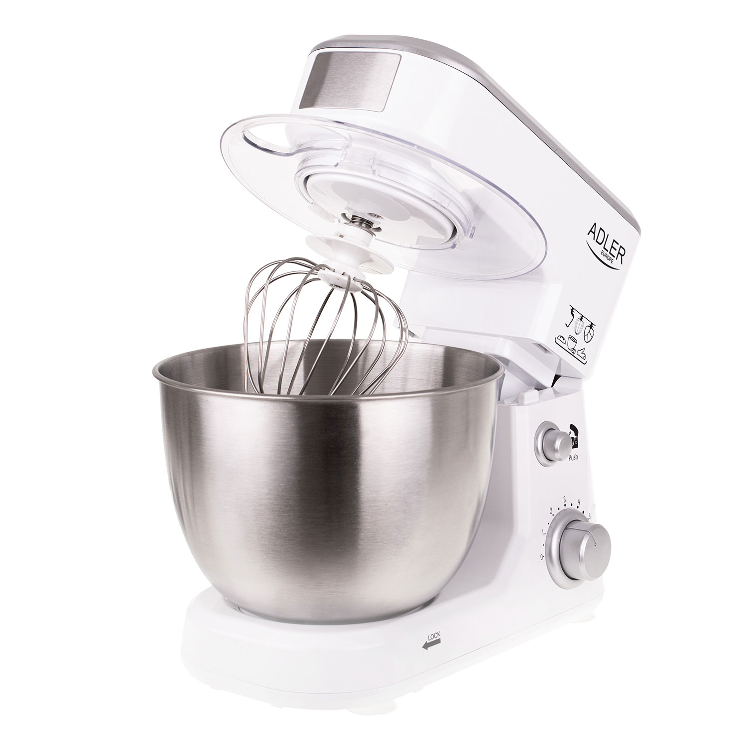Weißer Adler-Küchenmixer mit Edelstahl-Schüssel, Schneebesen und durchsichtigem Deckel. Isoliert auf Weiß.