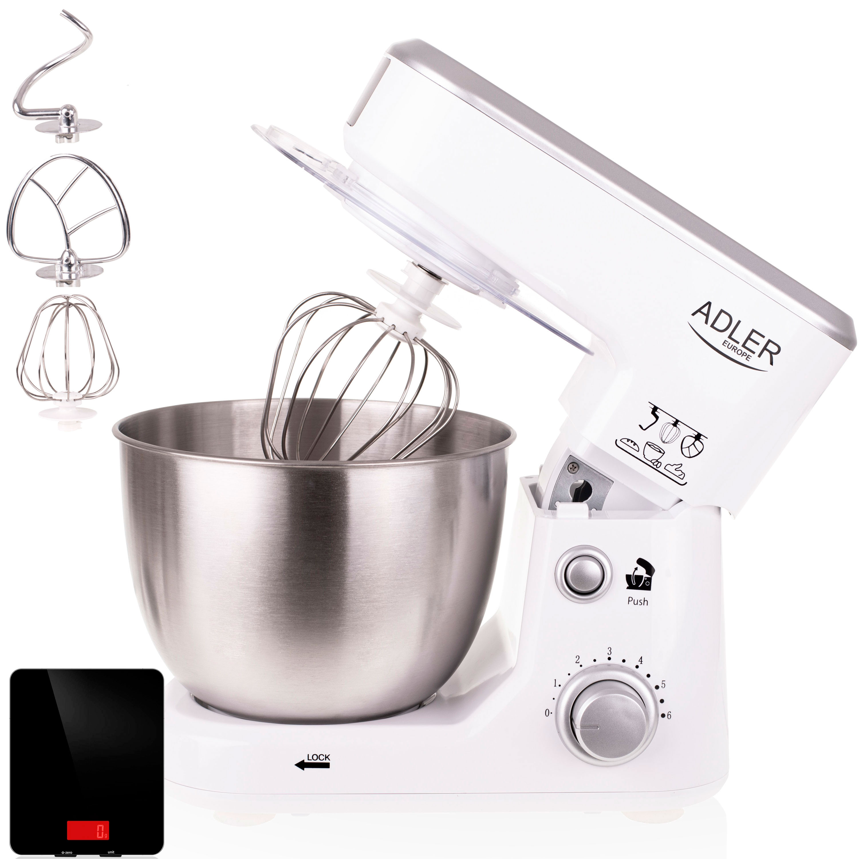 Weißer Küchenmixer mit Aufsätzen und einer Waage. Er hat eine Edelstahlschüssel und ein weißes Gehäuse.