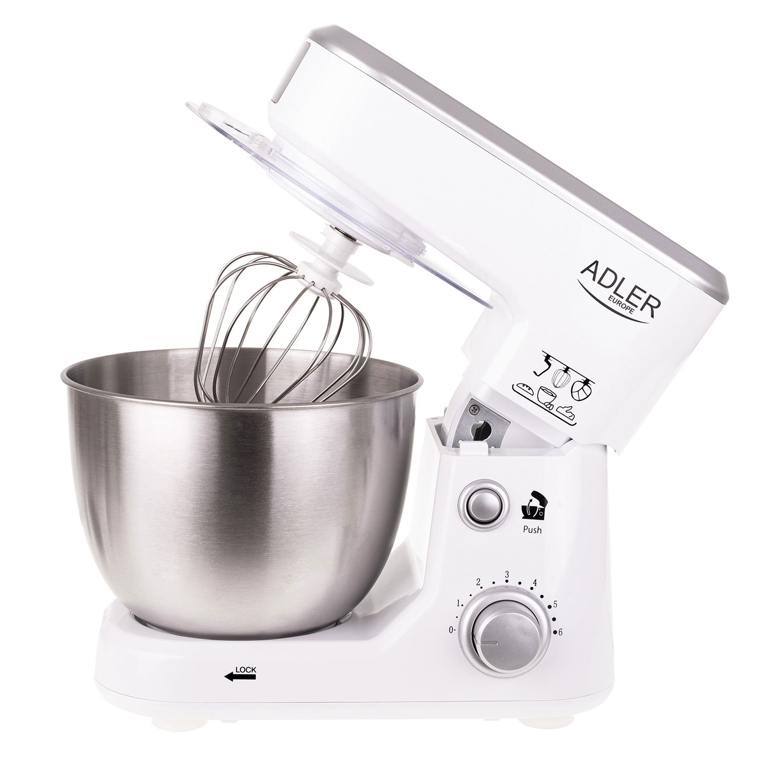 Weißer Küchenmixer mit Edelstahlschüssel und Schneebesenaufsatz, geöffnet.