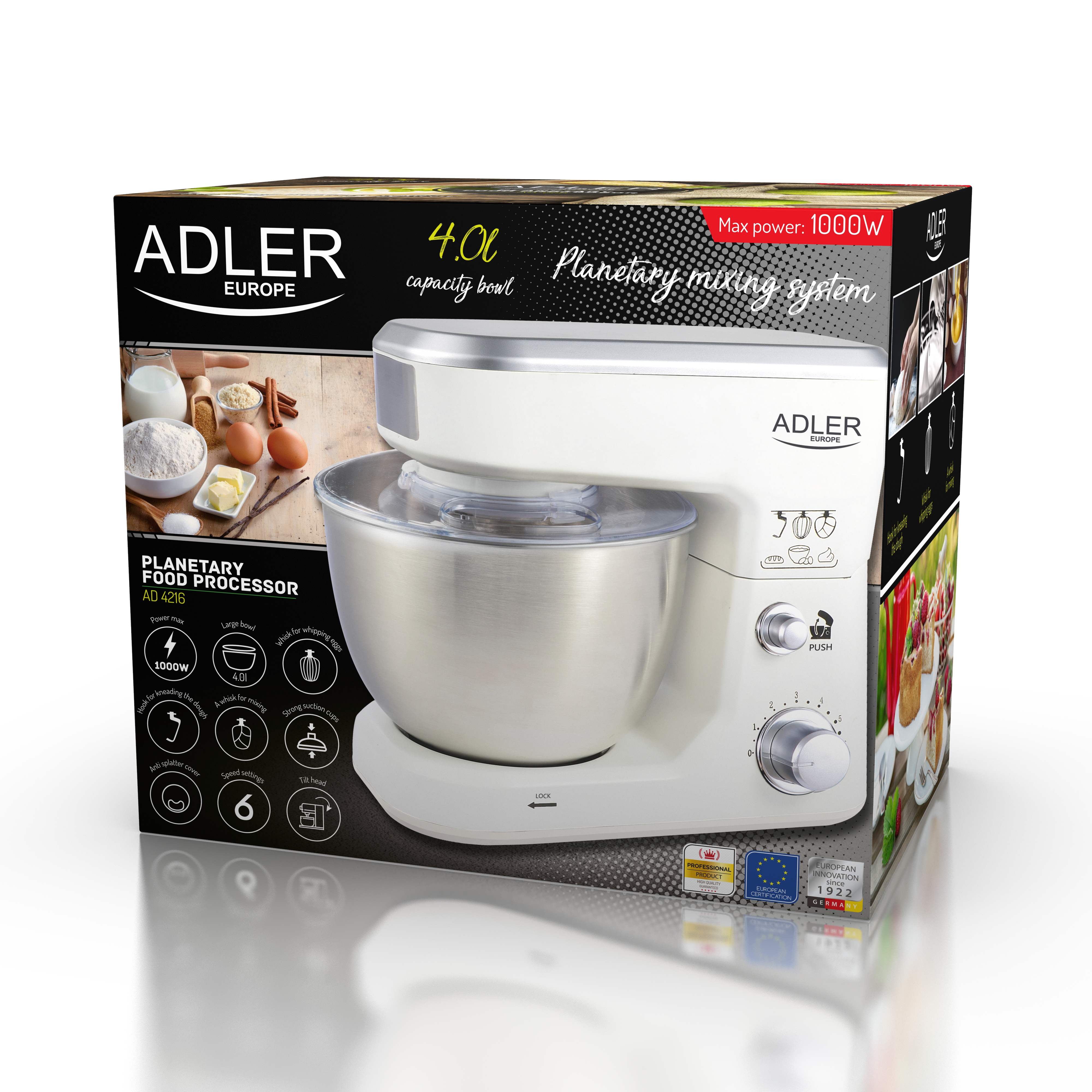 Weißer Küchenmixer mit Verpackung und Schüssel auf der Box.