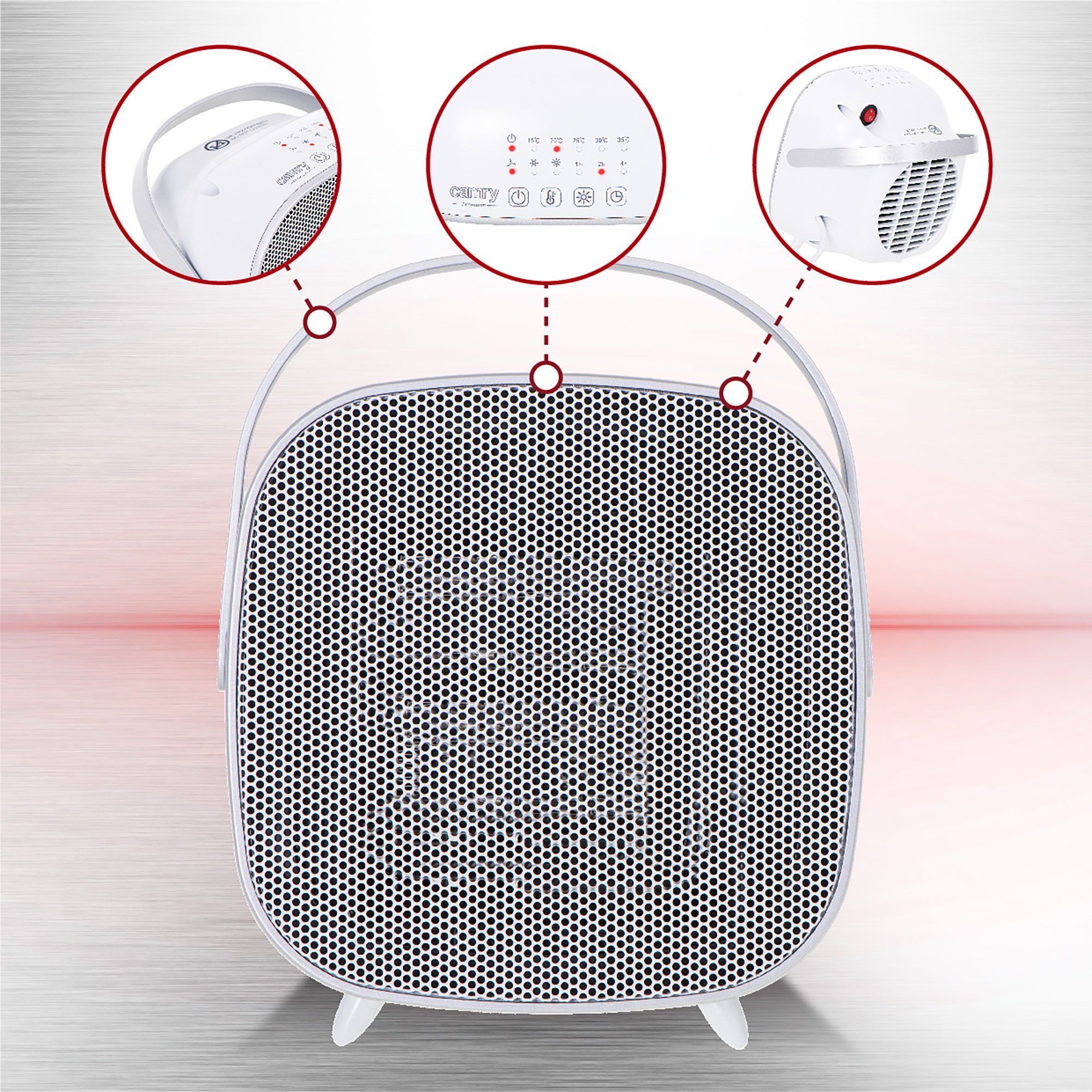 Calentador blanco con tres detalles circulares ampliados: panel, ventilación, asa.