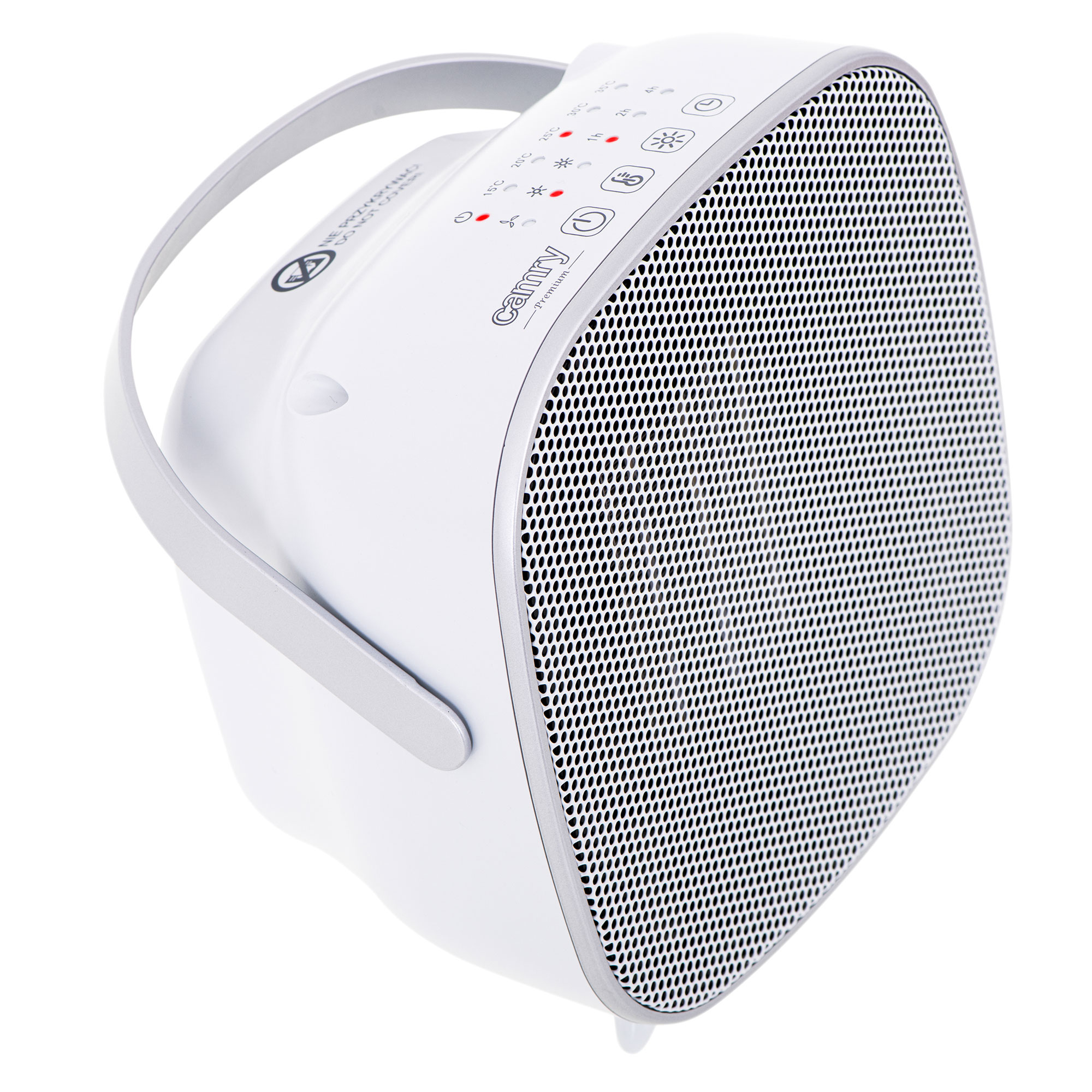Ventilador blanco con asa y rejilla. El ventilador tiene botones y luces. El fondo es blanco.