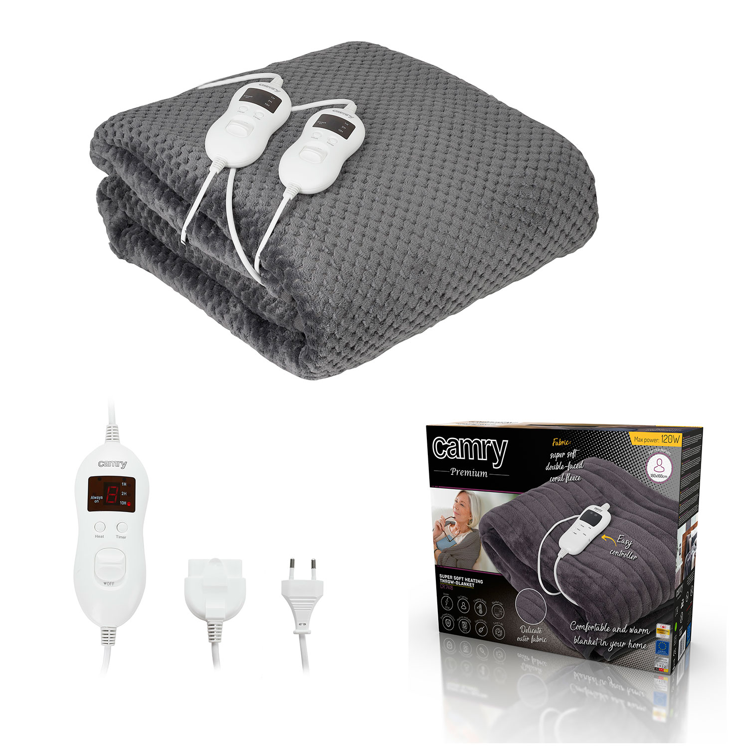 Manta eléctrica gris con controladores y enchufe. Fondo blanco, fotos del producto.