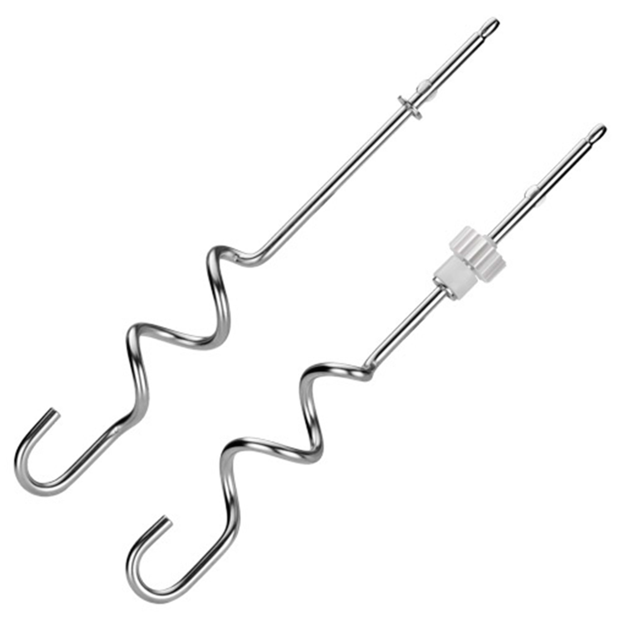 Dwa metalowe trzepaczki do miksera, zakrzywiony kształt, srebrny kolor, z białym tłem.