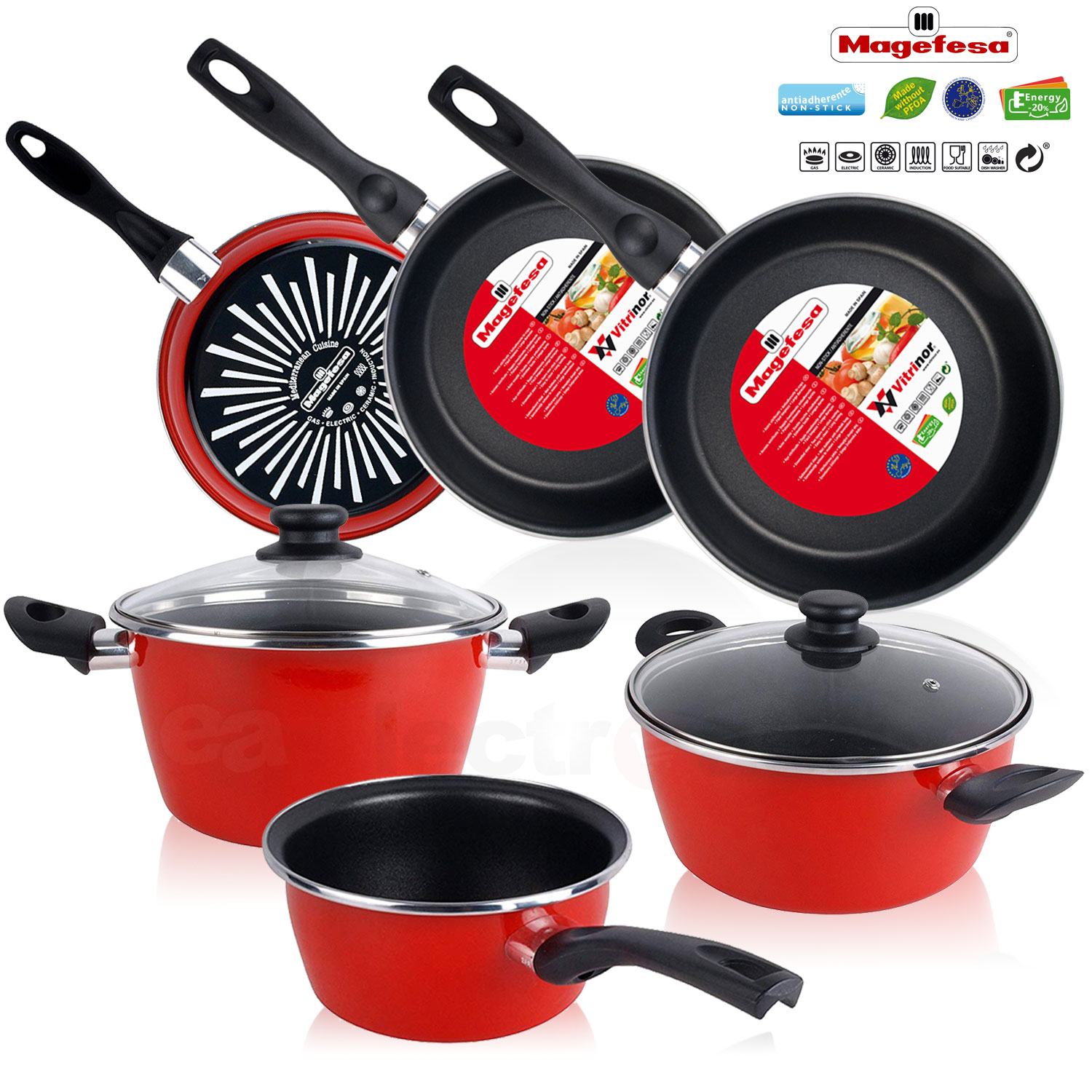 Set aus roten Töpfen und Pfannen. Enthält Bratpfannen und Kochtöpfe mit Glasdeckeln. Marke: Magefesa.