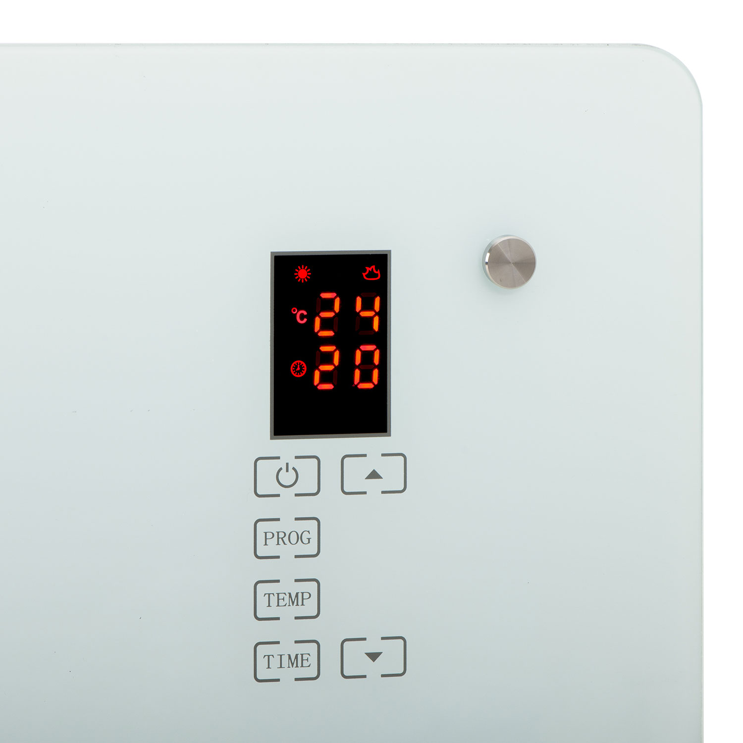 Digitalanzeige mit Temperatur- und Einstellungen für einen weißen Elektroheizer.