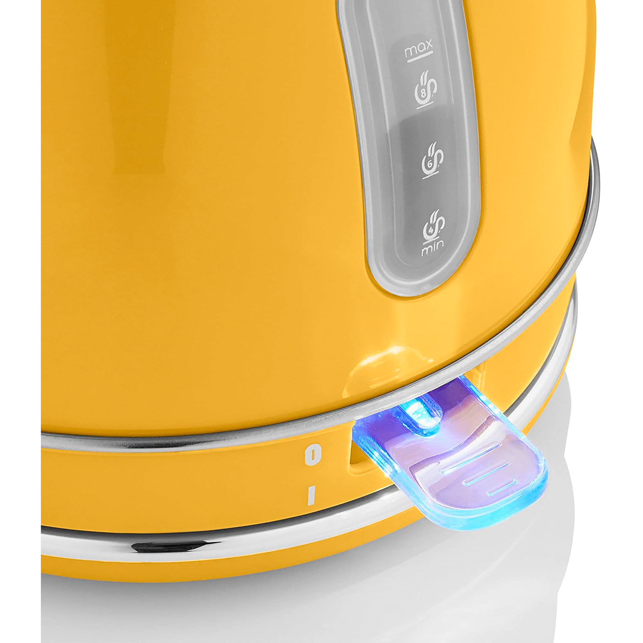 Hervidor eléctrico amarillo con luz azul e indicador de nivel de agua transparente.