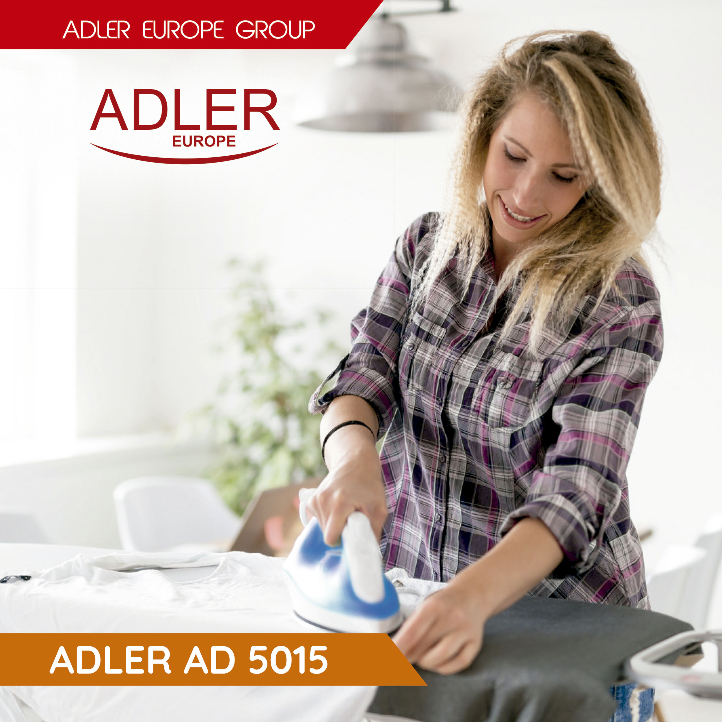 Mujer planchando ropa con plancha azul. Logo Adler Europe Group visible.