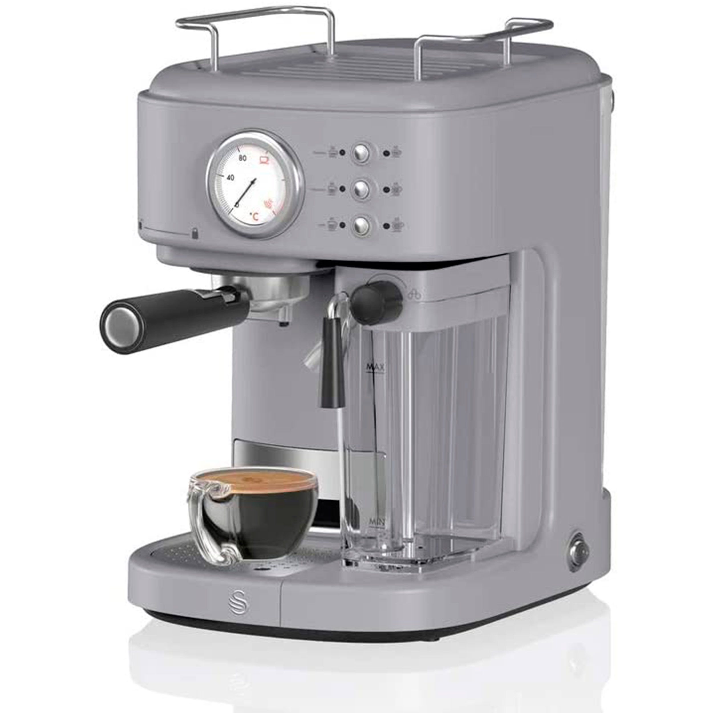 Cafetera express - SK22150GRN, Retro Cafetera Express, Cappucino, 15 Bares, Depósito Leche 0,5L, Vaporizador, 1,7L, Vin SWAN, 1205 W, 1,7 l, 2 tazas, Gris