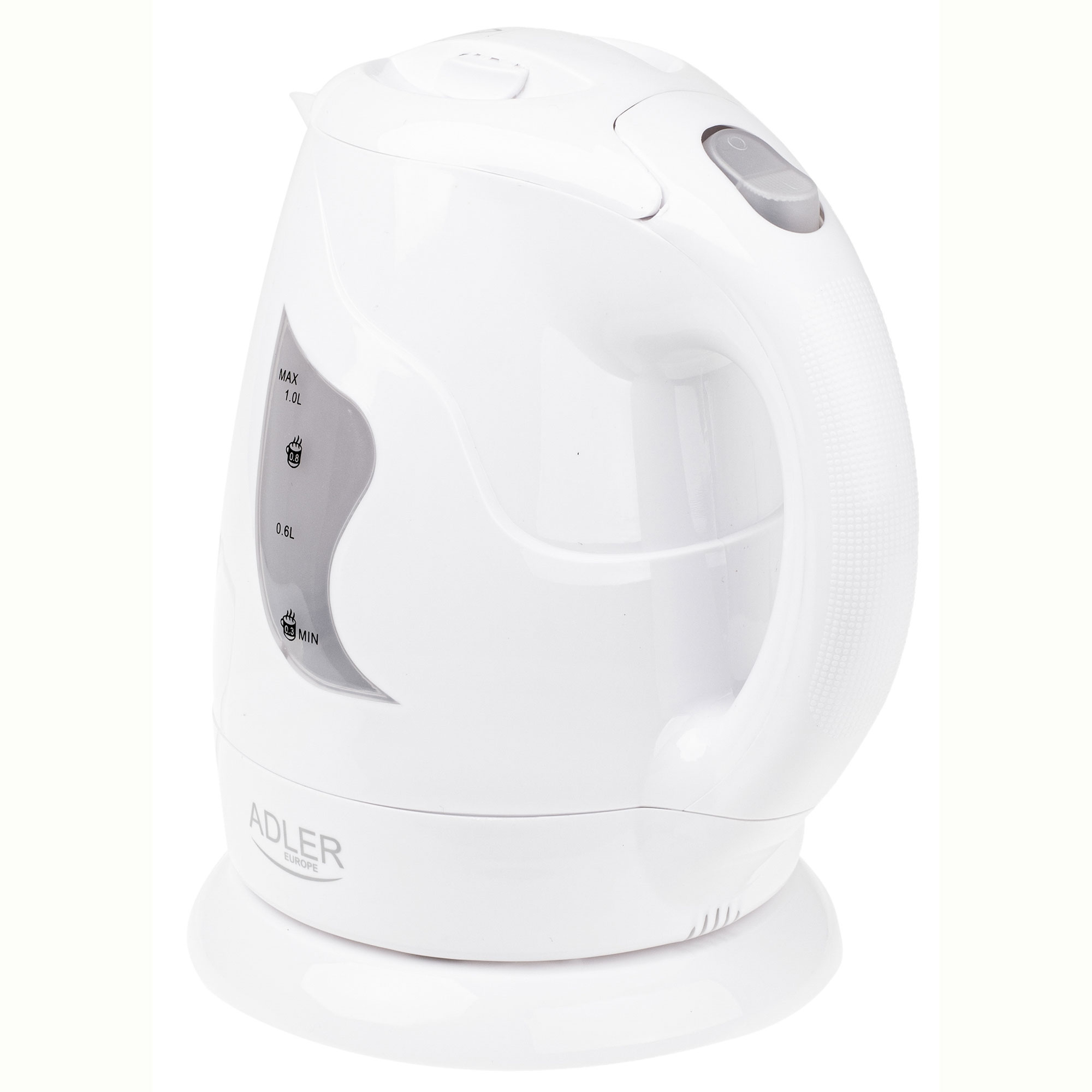 Biały czajnik elektryczny z uchwytem, wskaźnikiem poziomu wody i szarym przyciskiem. Marka to Adler Europe.