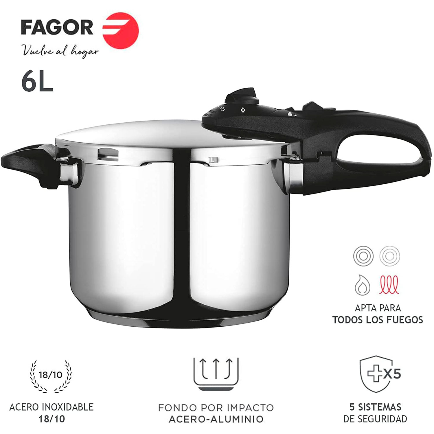 Olla a presión Fagor plateada con asa negra y tapa negra. Acero inoxidable.