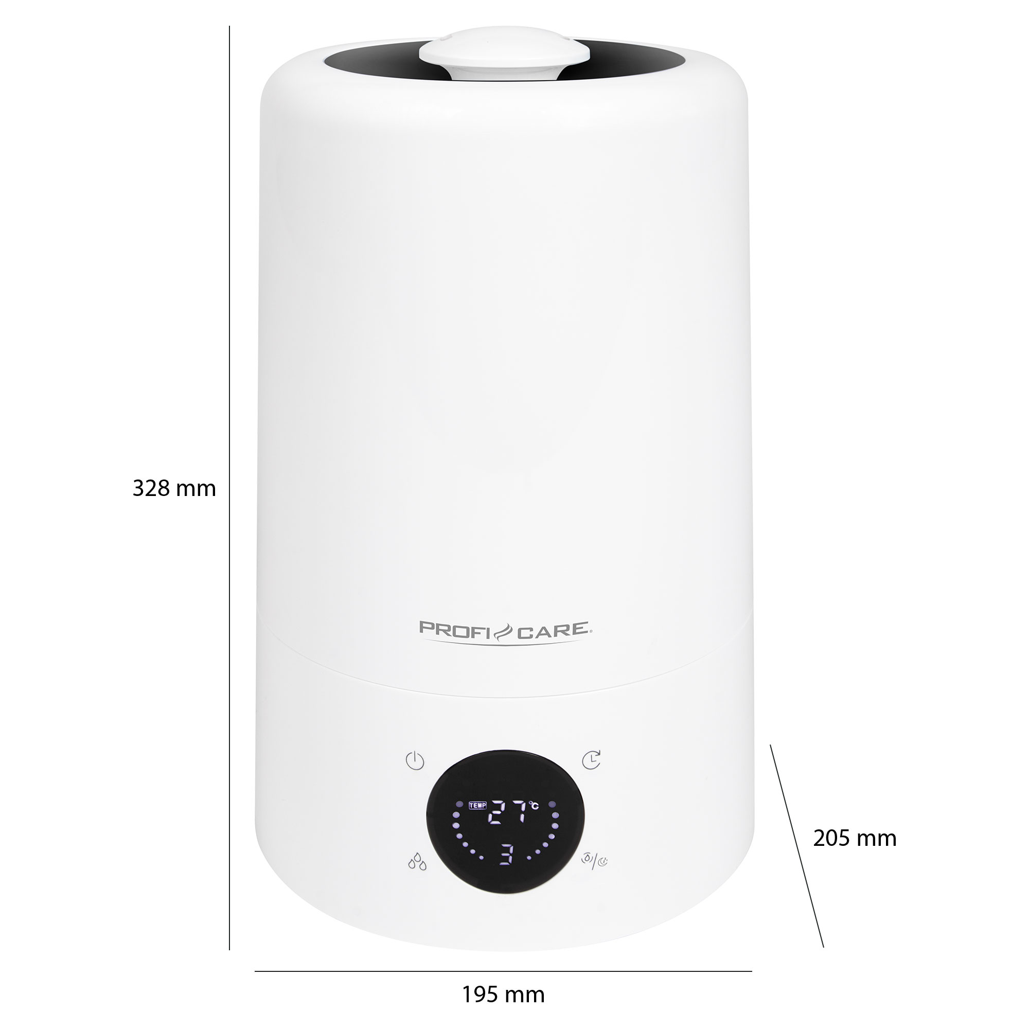 Biały nawilżacz powietrza ProfiCare z cyfrowym wyświetlaczem i etykietami wymiarów.
