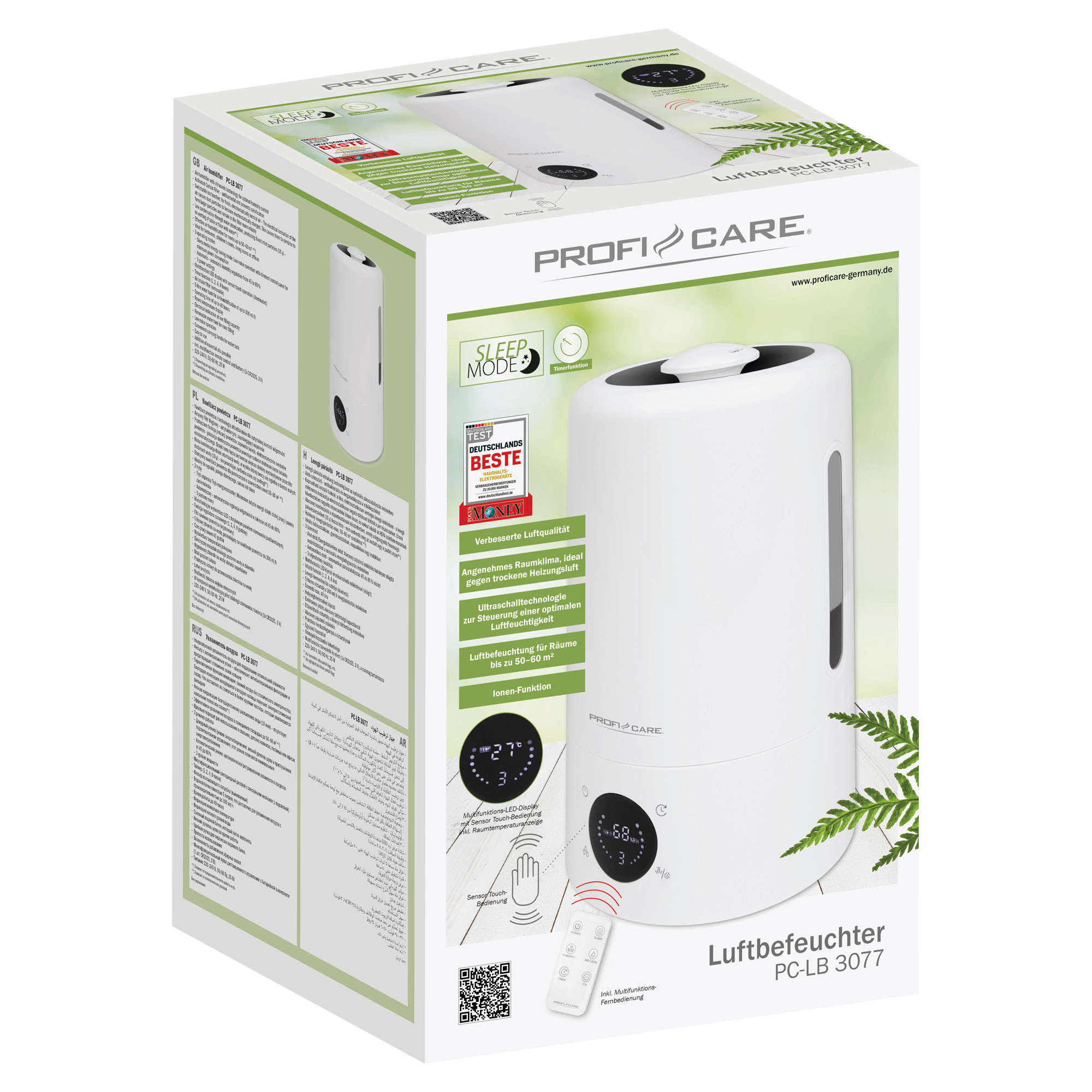 Biały nawilżacz powietrza z pudełkiem prezentującym jego cechy i pilotem, na białym tle.