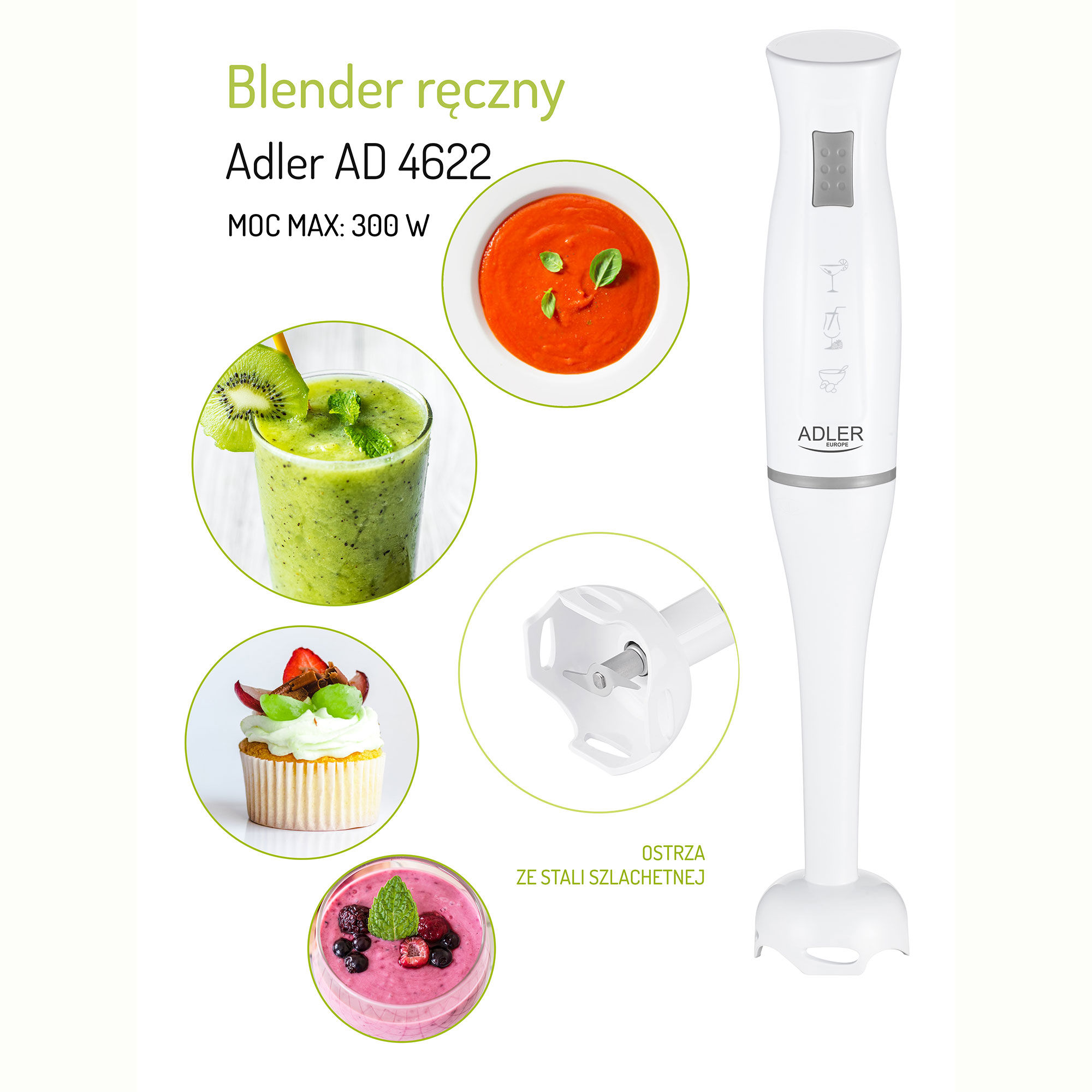 Witte staafmixer met voedselmonsters. Inclusief smoothie, soep en cupcake.
