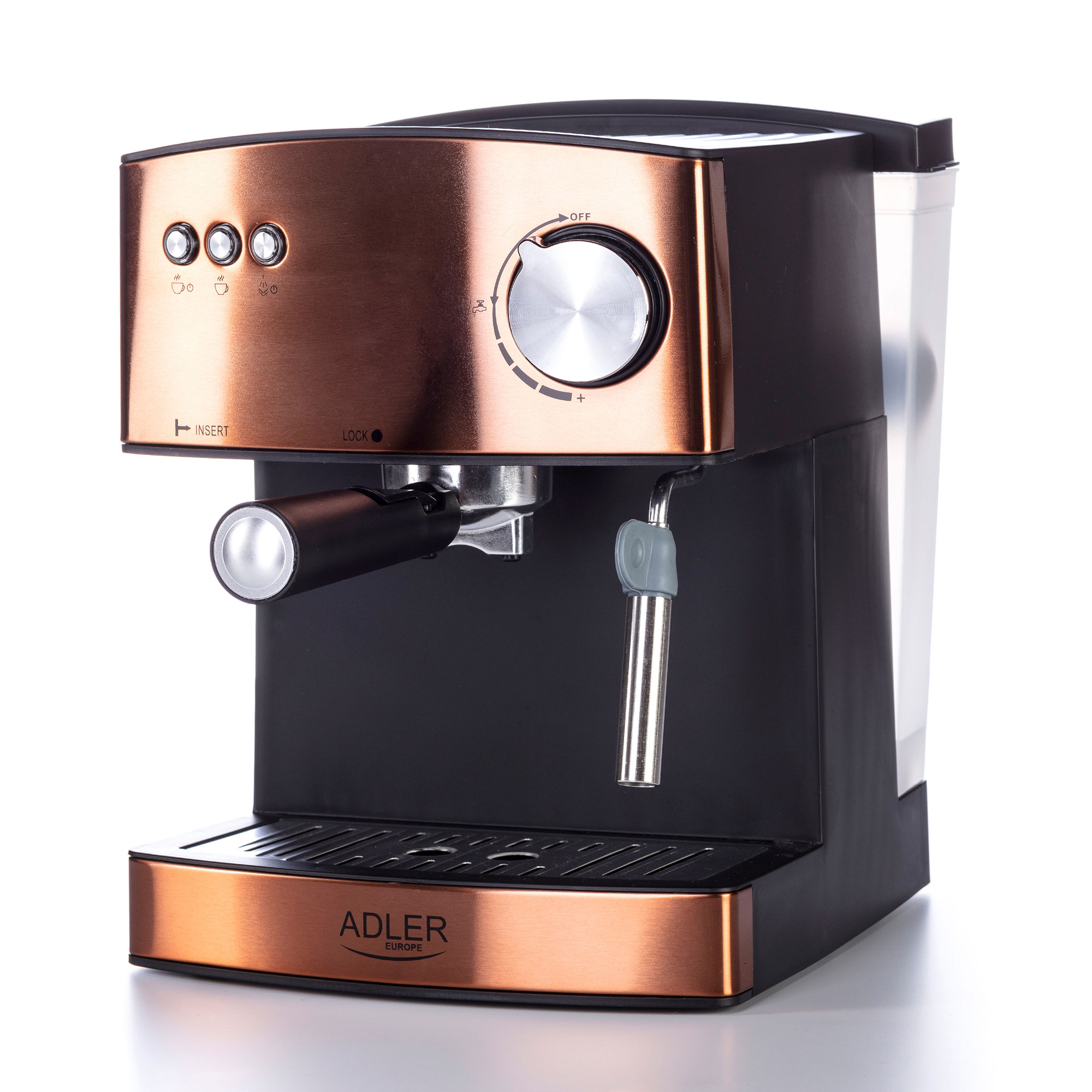 Adler 4404cr Cafetera espresso 15 16 para preparar latte y capuccino vaporizador espumar leche tazas color cobre 850w express manual brazo doble salida 850