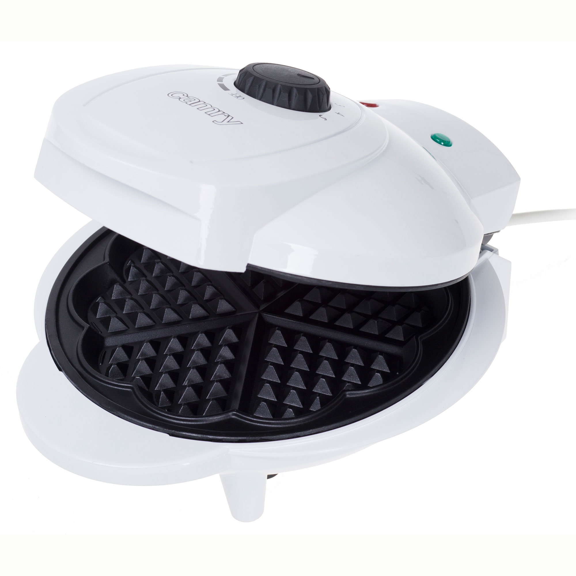 Wafflera blanca, abierta, con interior negro y dial. Aislada sobre fondo blanco.