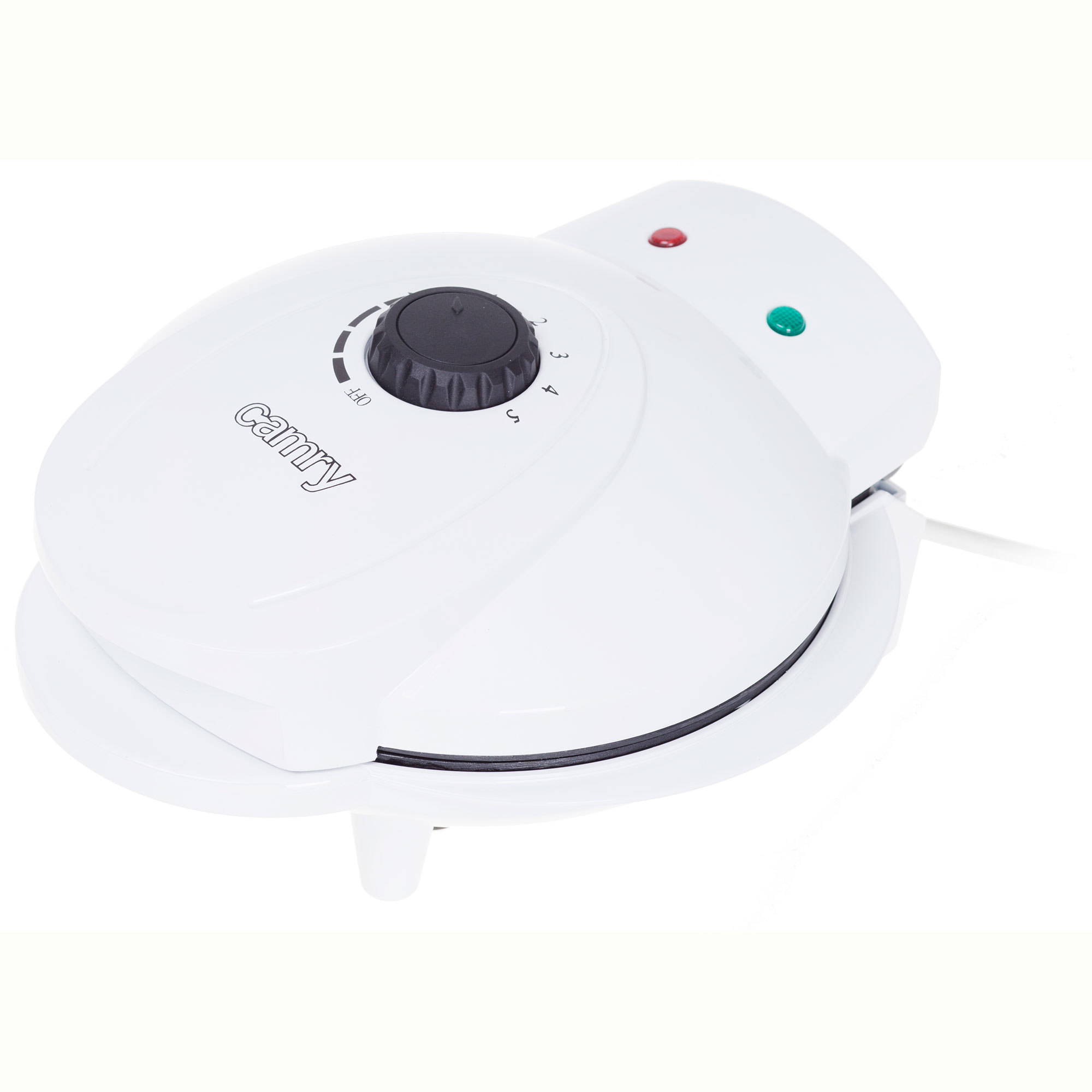 Máquina para hacer gofres blanca. Un dial negro y luces indicadoras rojo/verde en la parte superior.