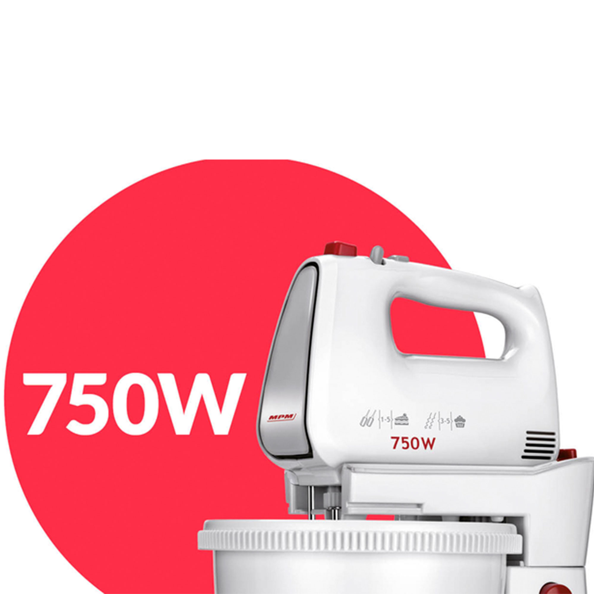 Weißer Handmixer mit roter Kreisgrafik und dem Text 750W.