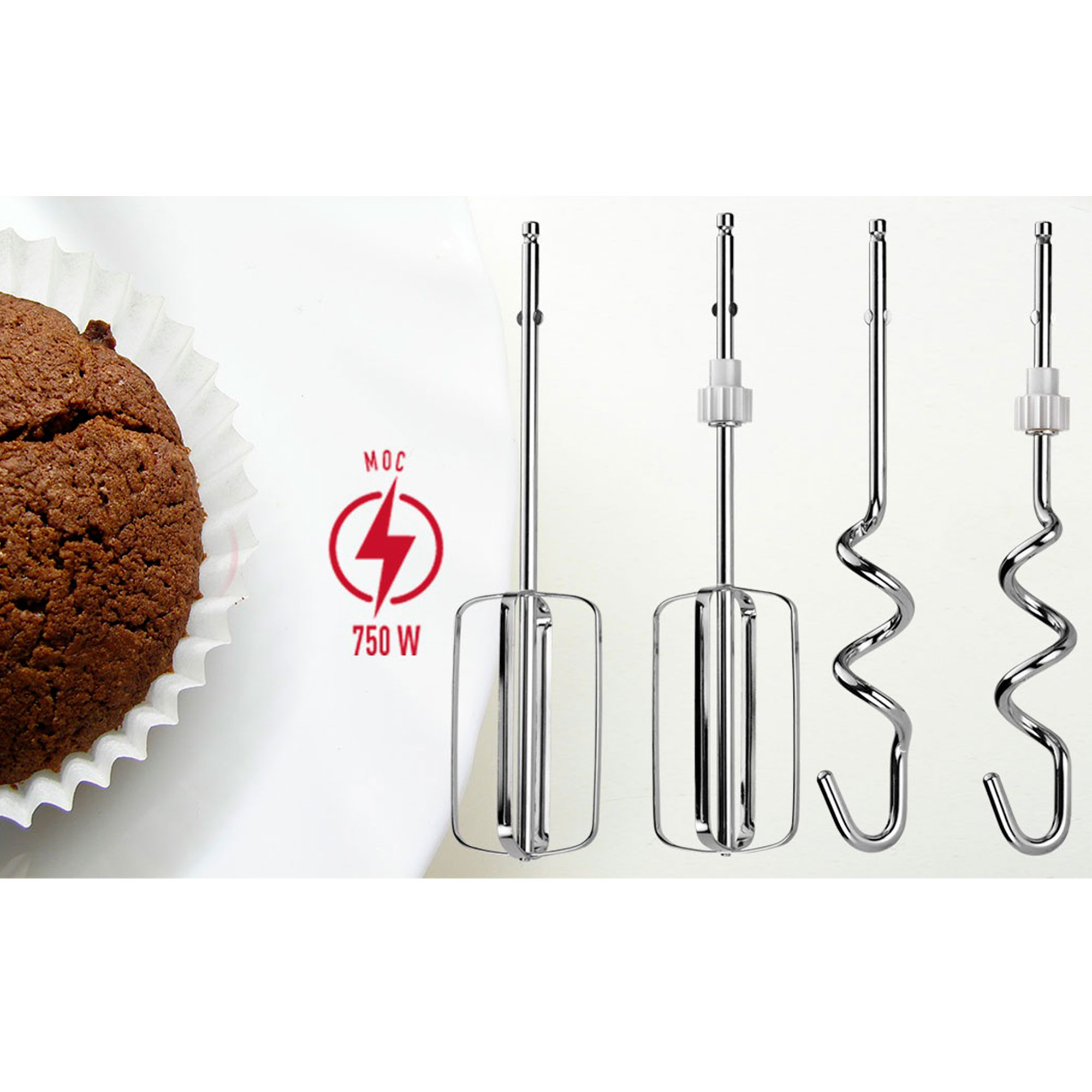 Mixer-Aufsätze neben einem Muffin. Enthält Rührbesen und Knethaken, mit einem Leistungssymbol.