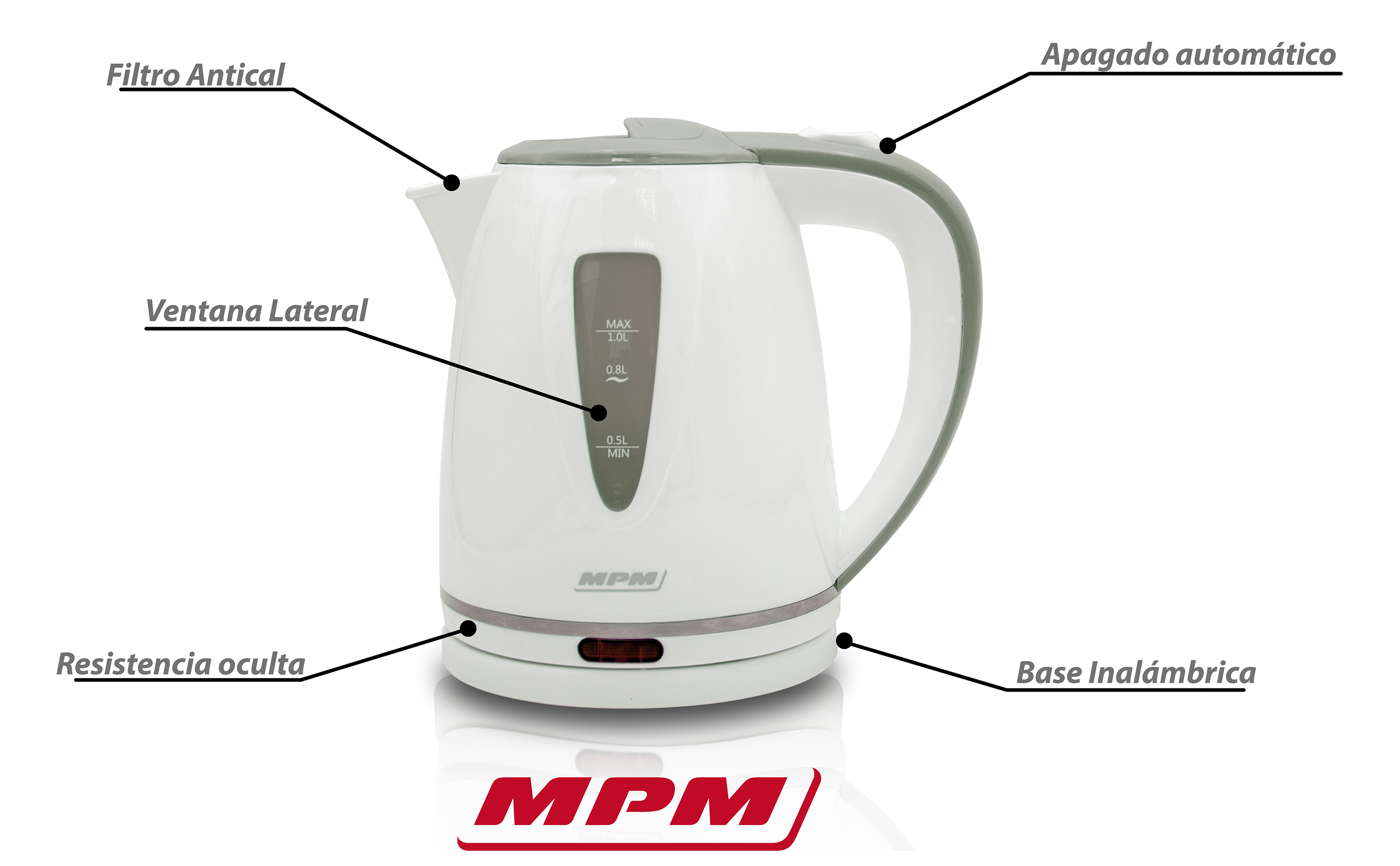 Biały czajnik elektryczny z etykietami i adnotacjami.