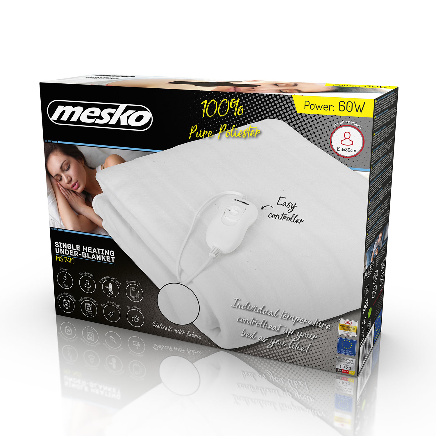 Manta térmica blanca en caja. La caja muestra la manta y sus características.