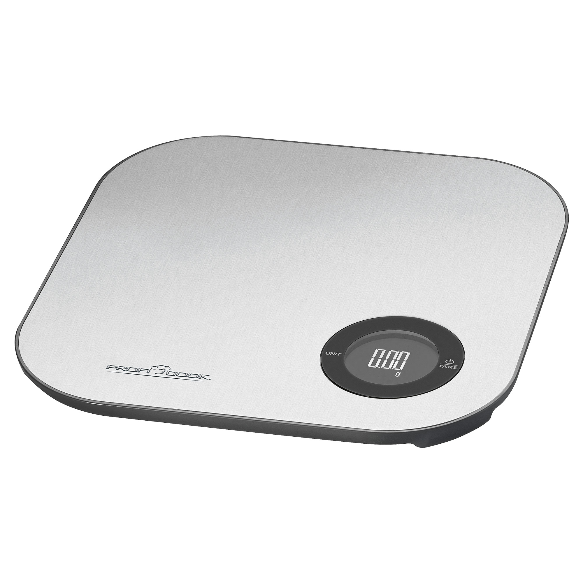 Balanza de cocina digital plateada con pantalla negra y base negra. La báscula muestra 0,00 unidades.