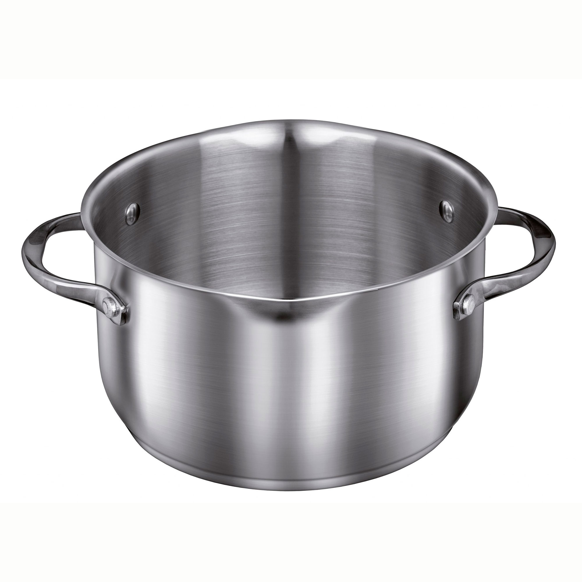 Olla de acero inoxidable con dos asas sobre un fondo blanco.