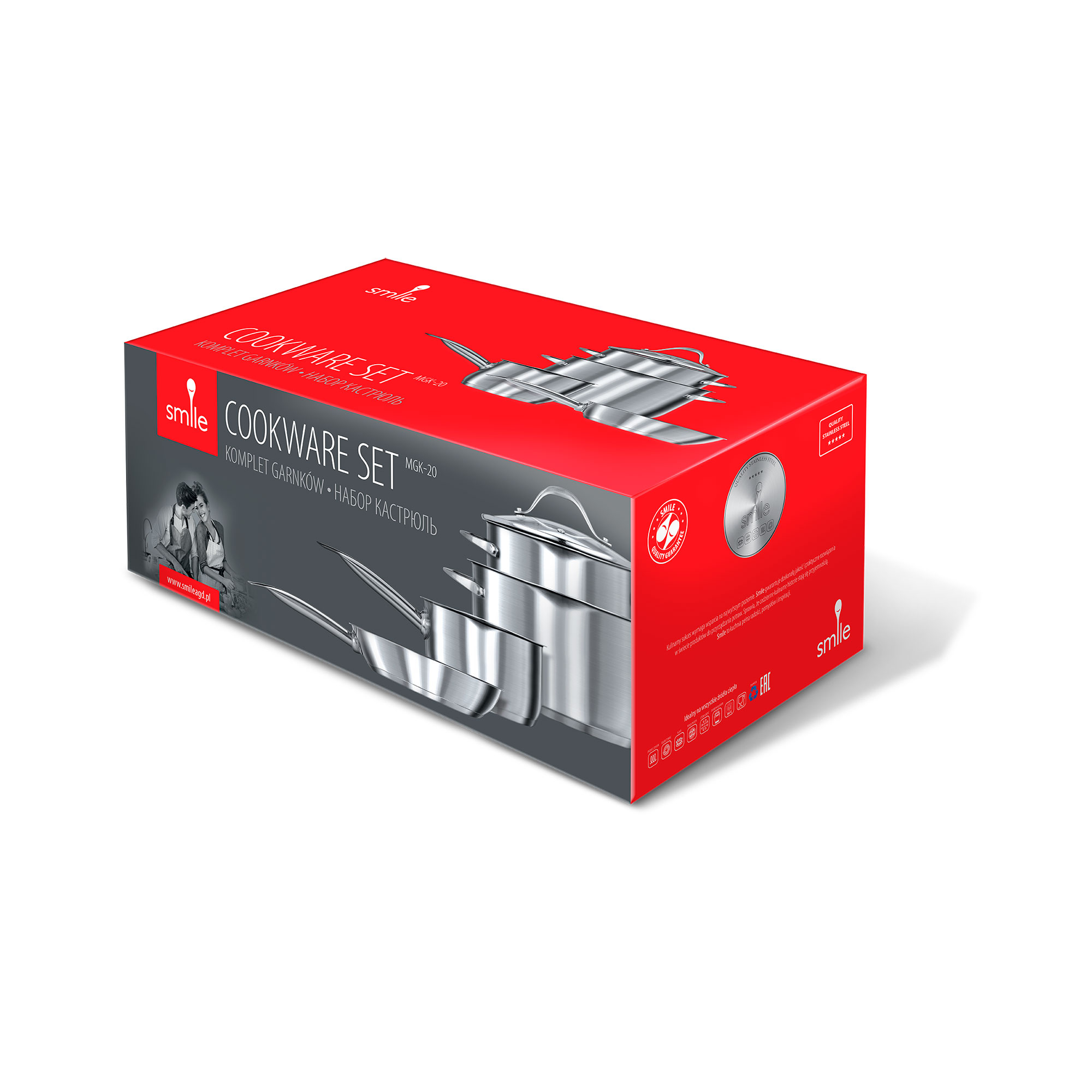 Una caja roja con una imagen de un juego de utensilios de cocina. La caja se titula 'Cookware Set' y tiene un asa.