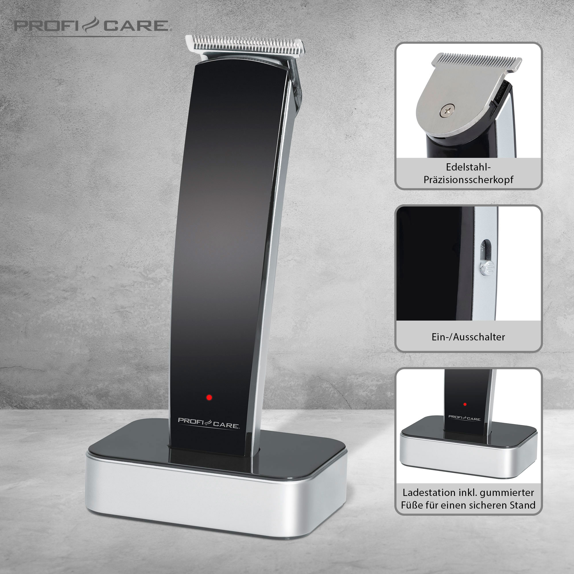 Srebrna i czarna maszynka do włosów na stojaku ze zdjęciami szczegółów. Szare tło.