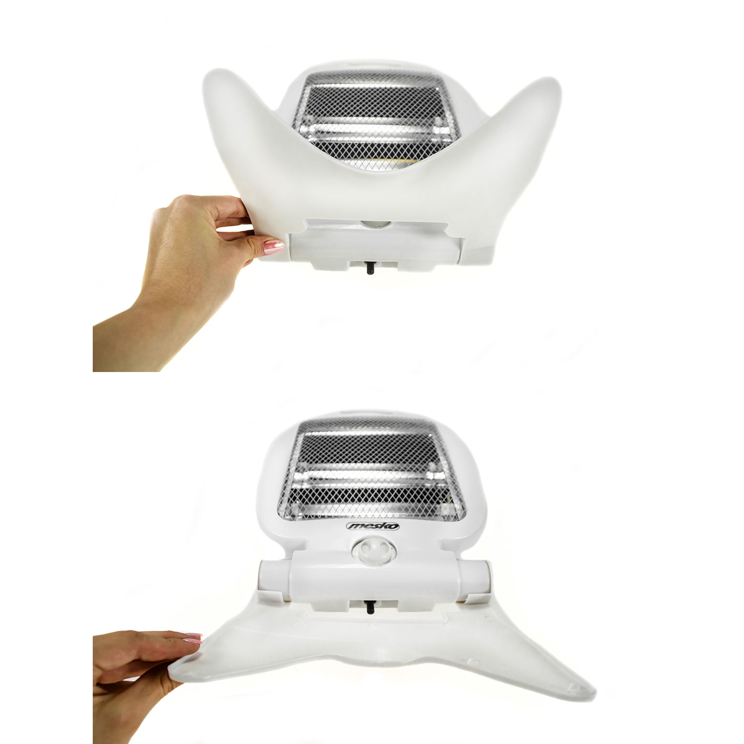 Dwa zdjęcia przedstawiają białą grzałkę elektryczną z ręką regulującą skrzydła. Grzałka ma siatkowy grill.