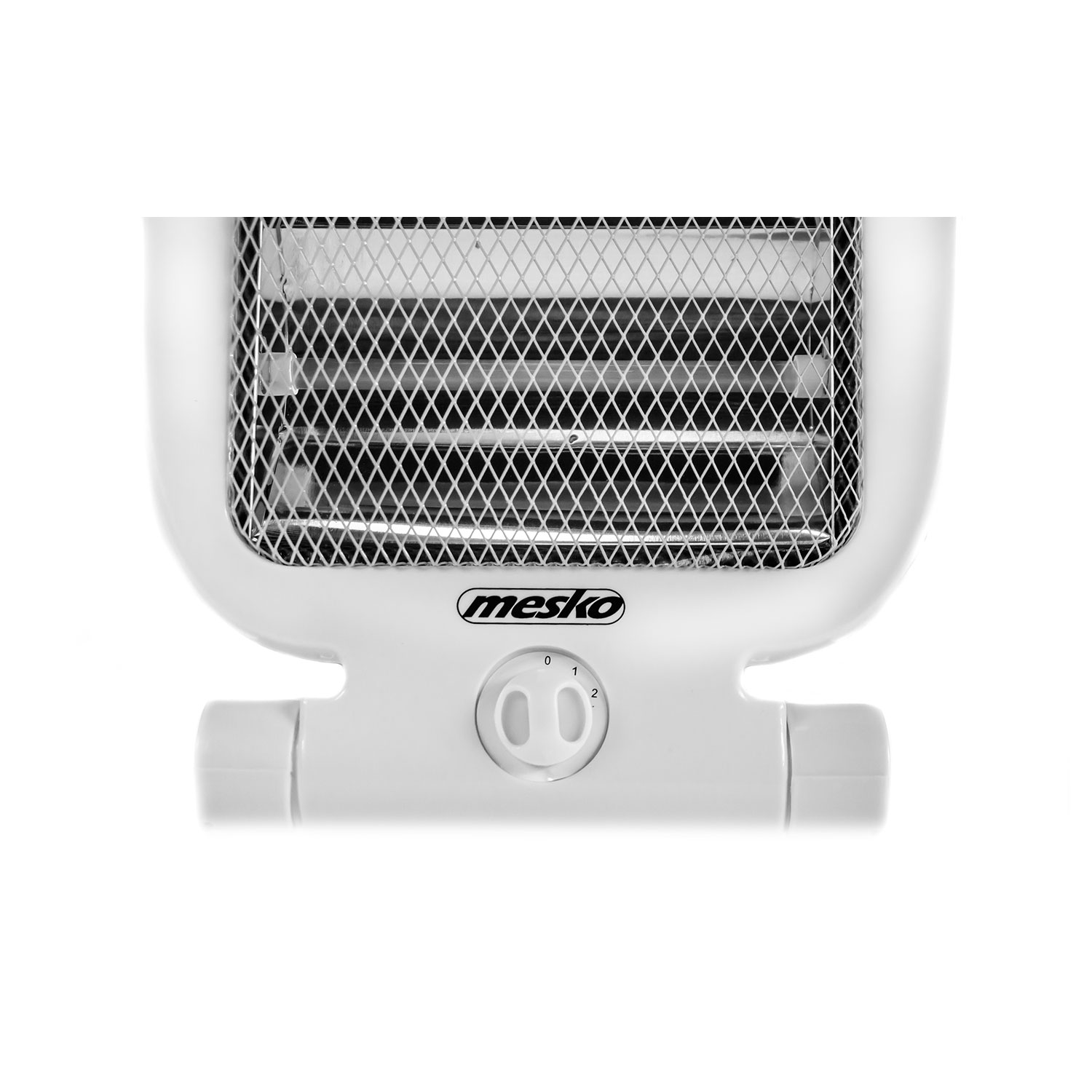 Biały grzejnik elektryczny z metalową siatką z przodu i pokrętłem z numerami.